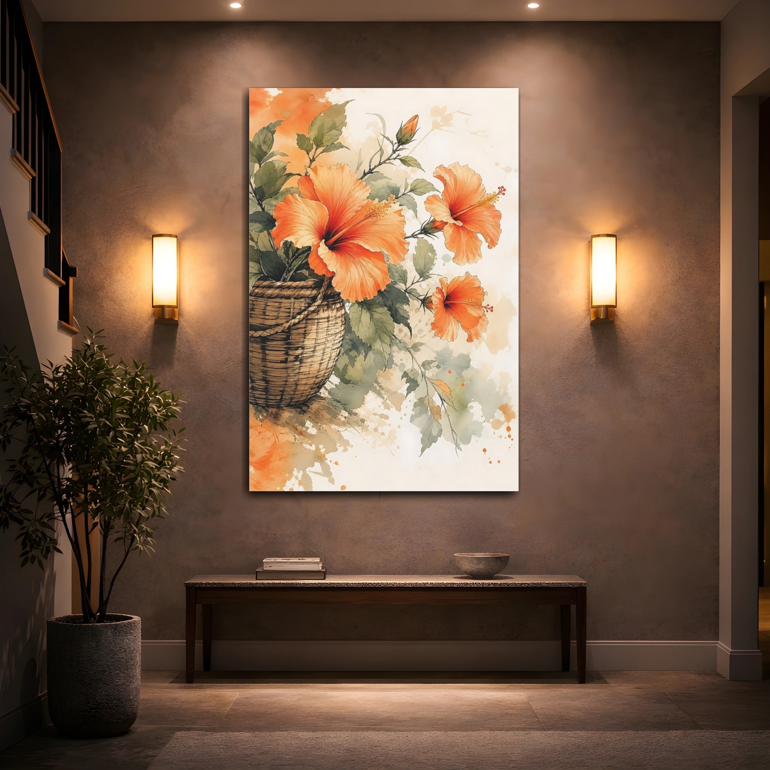 Mockup 2. Floral Hibiscus Orange Floral shown as stretched canvas wall art