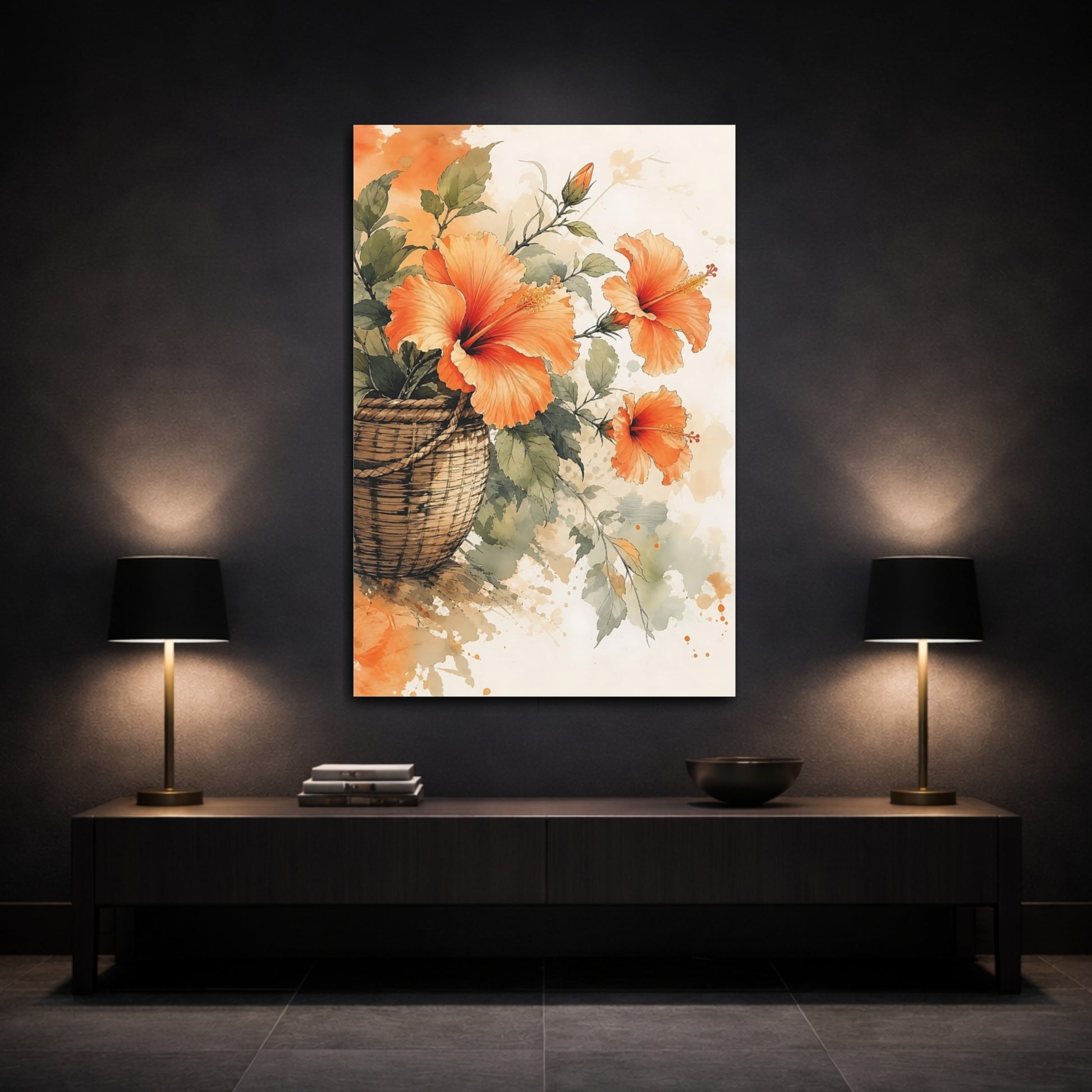 Mockup 3. Floral Hibiscus Orange Floral shown as stretched canvas wall art