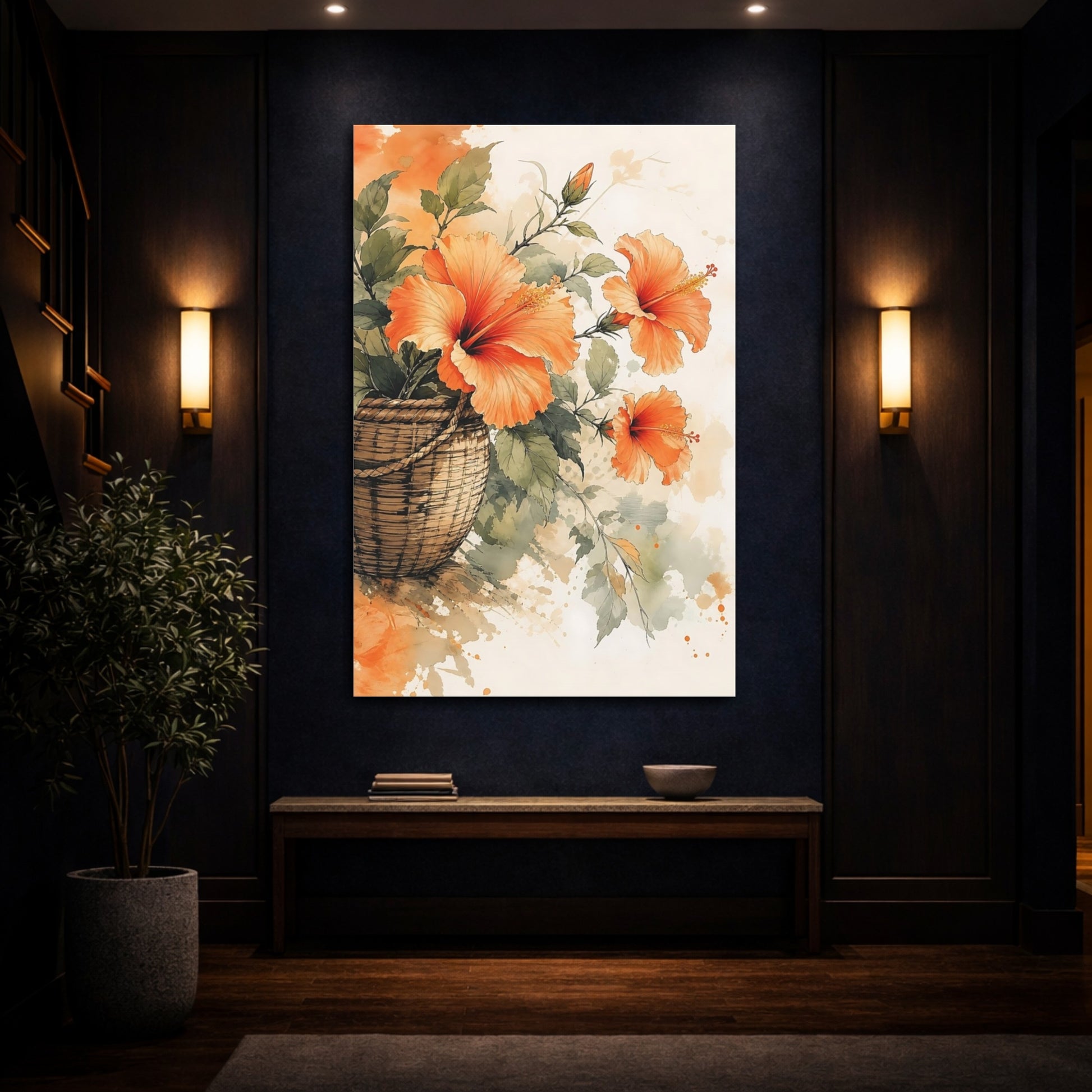 Mockup 4. Floral Hibiscus Orange Floral shown as stretched canvas wall art