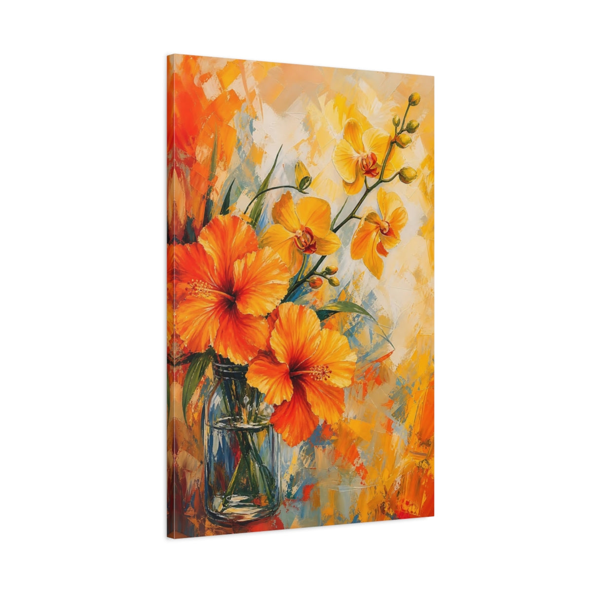 Main Mockup. Floral Hibiscus Orchids Orange Yellow Flowers shown as stretched canvas wall art