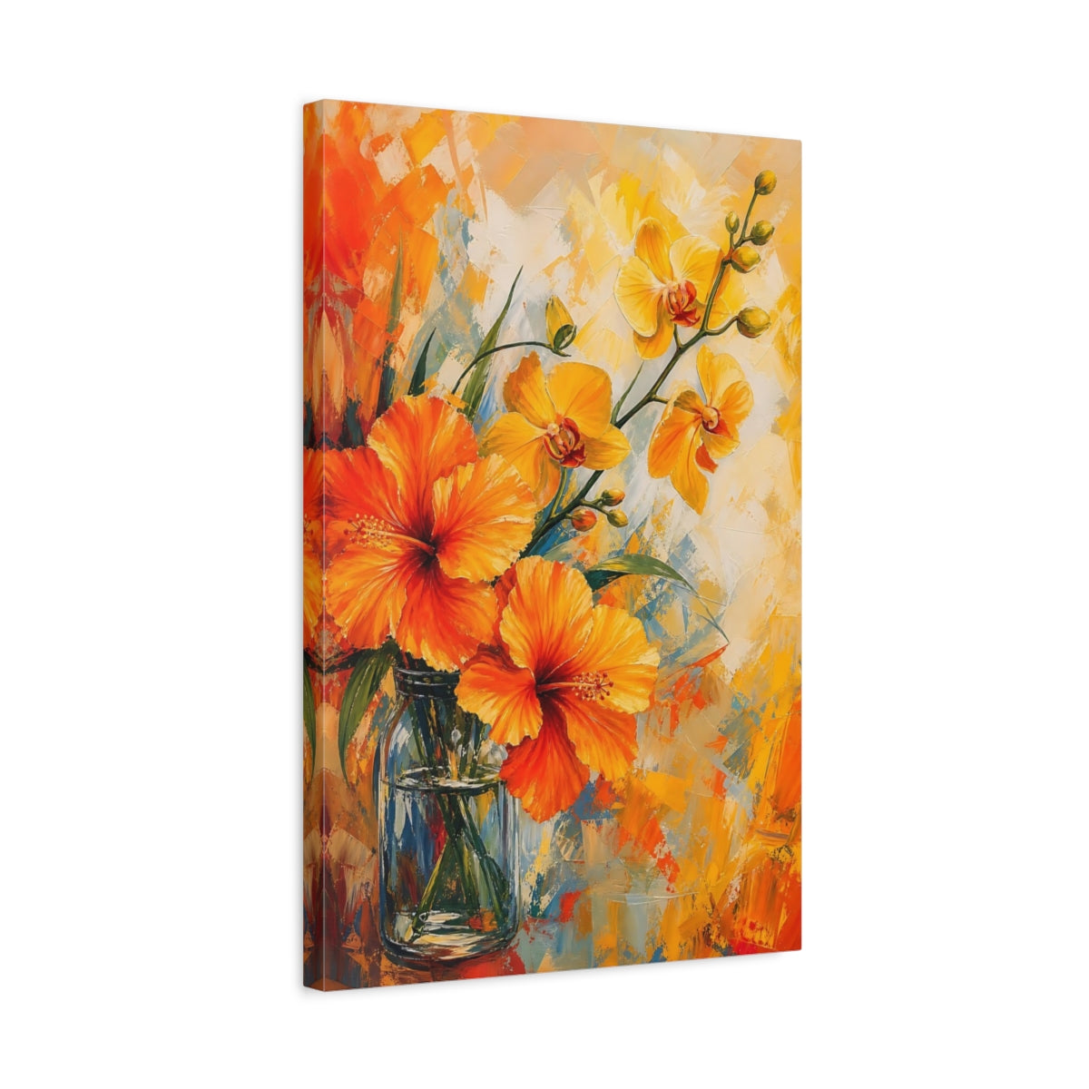Side Mockup 3. Floral Hibiscus Orchids Orange Yellow Flowers shown as stretched canvas wall art