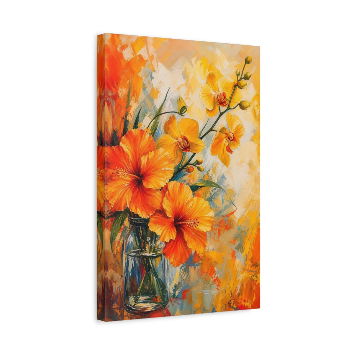Side Mockup 4. Floral Hibiscus Orchids Orange Yellow Flowers shown as stretched canvas wall art