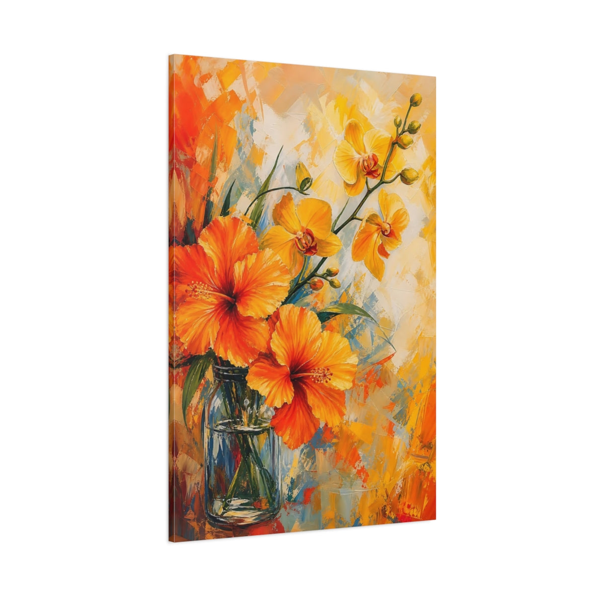 Side Mockup 1. Floral Hibiscus Orchids Orange Yellow Flowers shown as stretched canvas wall art