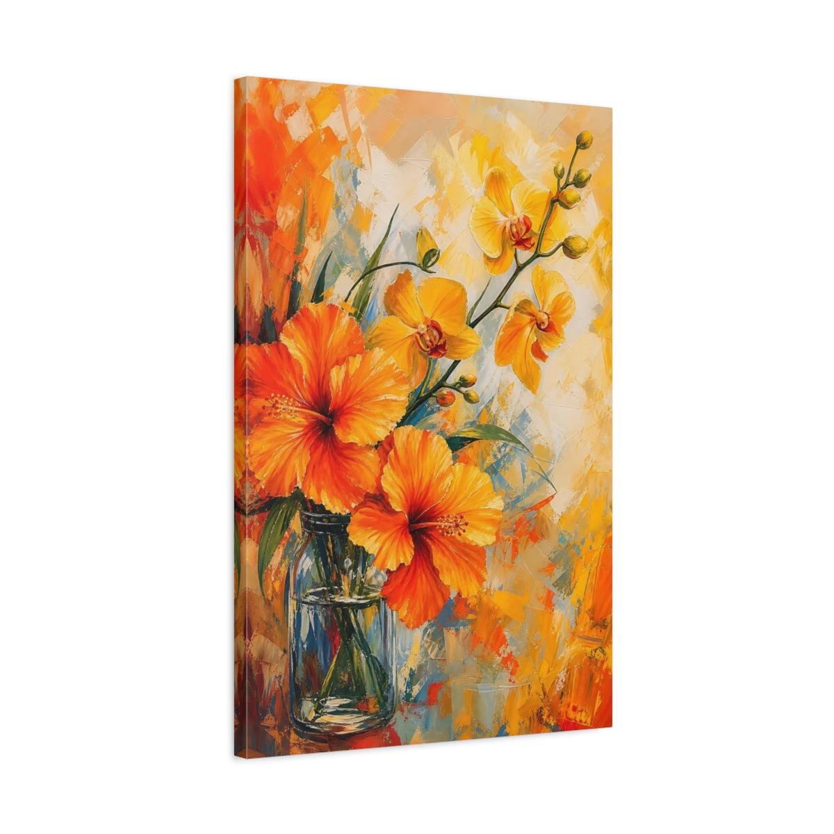 Side Mockup 2. Floral Hibiscus Orchids Orange Yellow Flowers shown as stretched canvas wall art