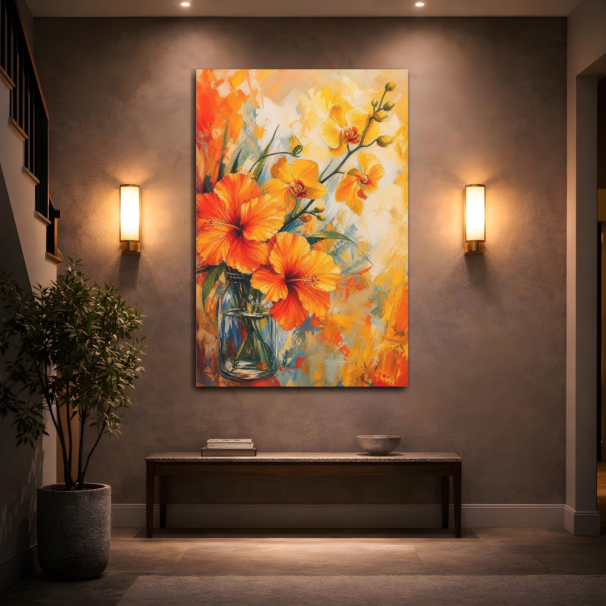 Mockup 2. Floral Hibiscus Orchids Orange Yellow Flowers shown as stretched canvas wall art