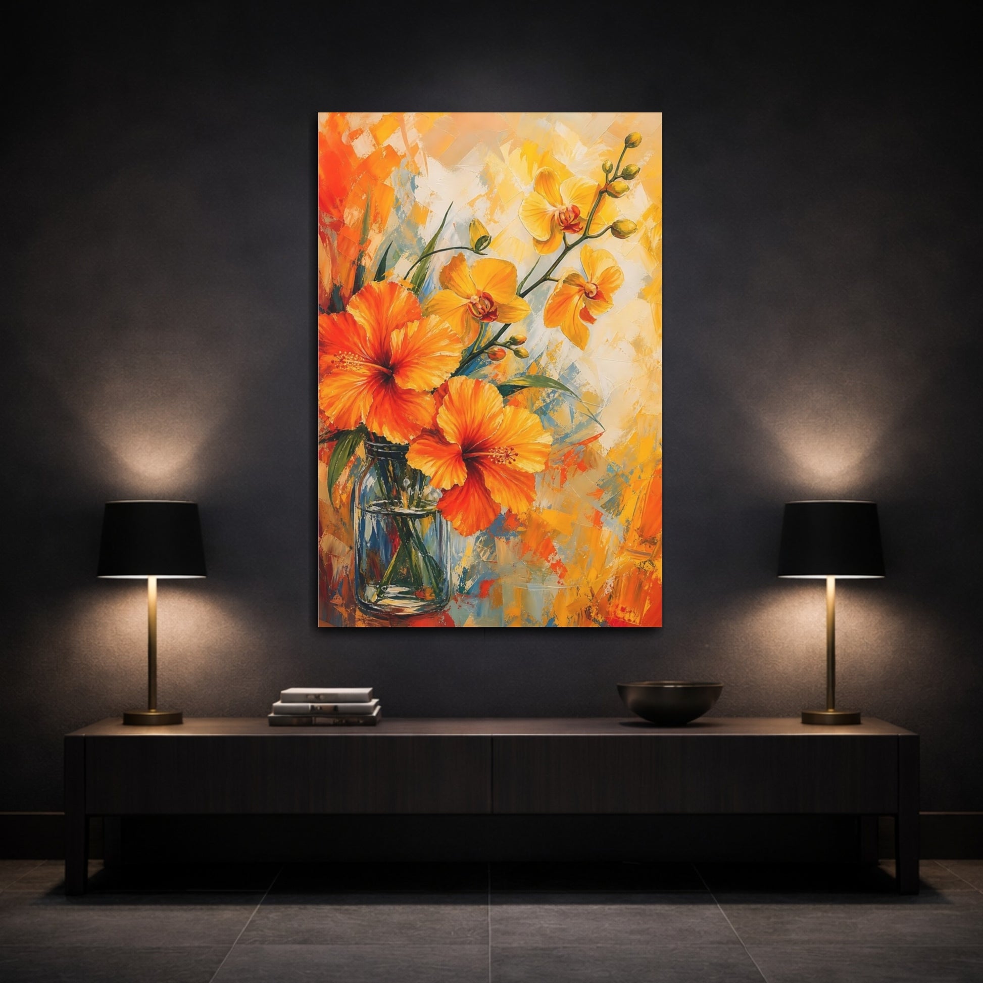 Mockup 3. Floral Hibiscus Orchids Orange Yellow Flowers shown as stretched canvas wall art