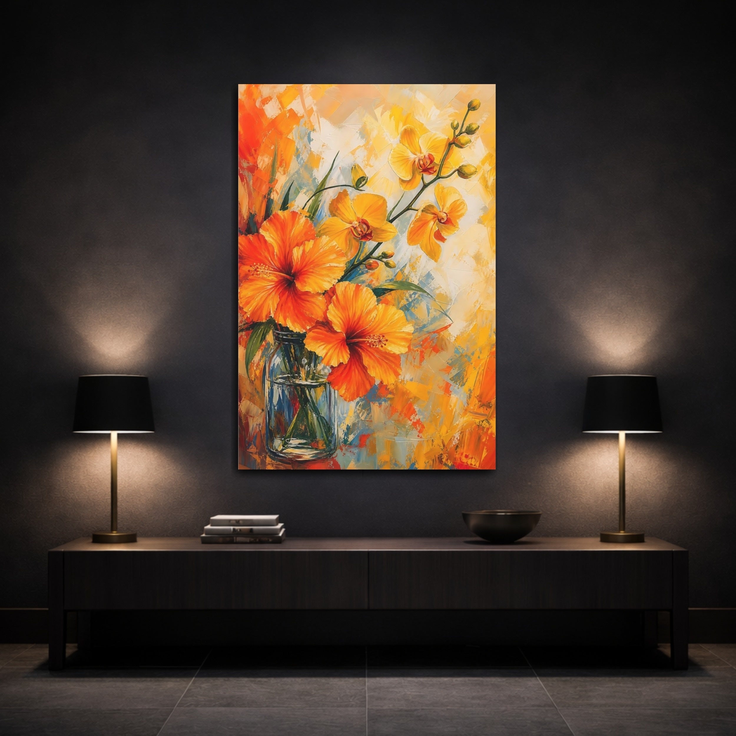 Mockup 3. Floral Hibiscus Orchids Orange Yellow Flowers shown as stretched canvas wall art