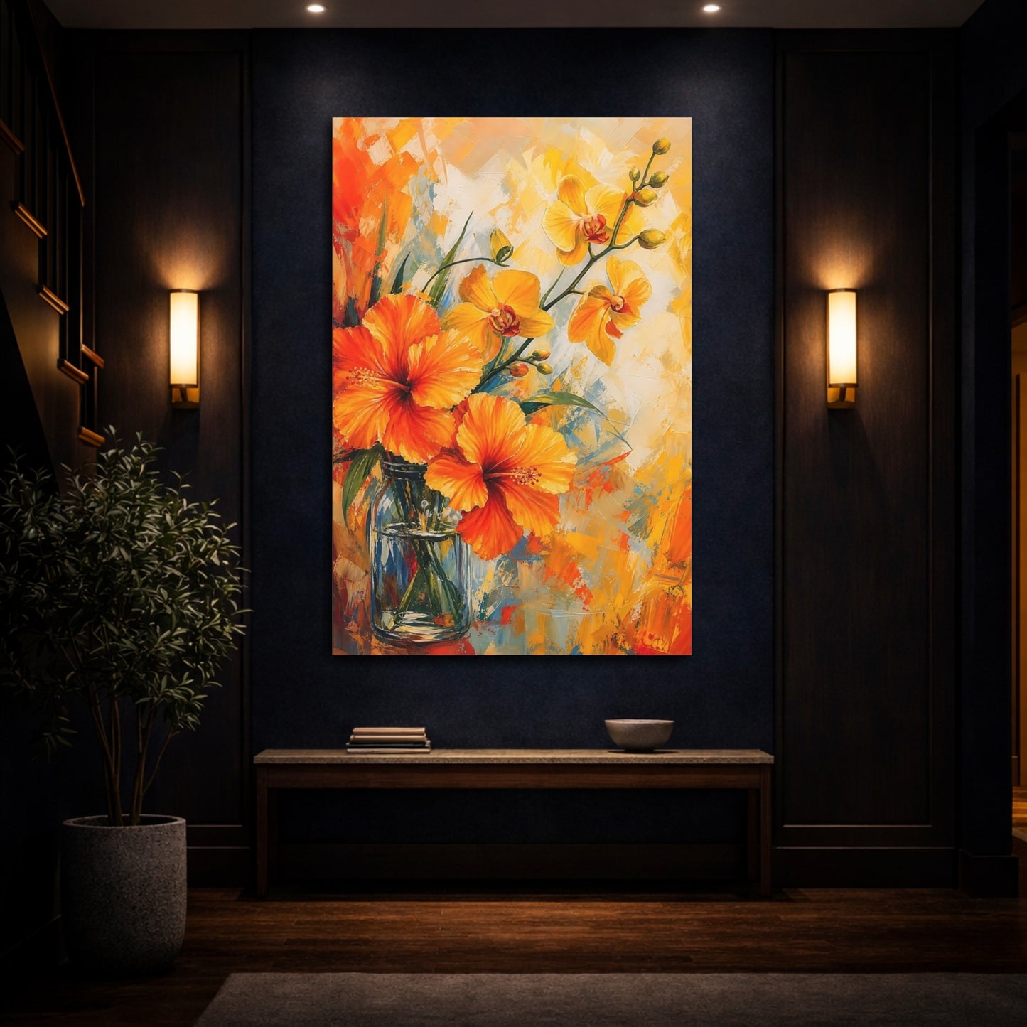 Mockup 4. Floral Hibiscus Orchids Orange Yellow Flowers shown as stretched canvas wall art