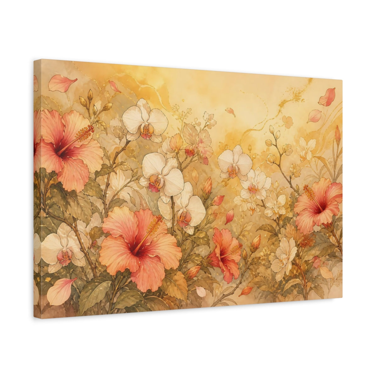 Side Mockup 3. Floral Hibiscus Orchids Pink Gold Floral shown as stretched canvas wall art