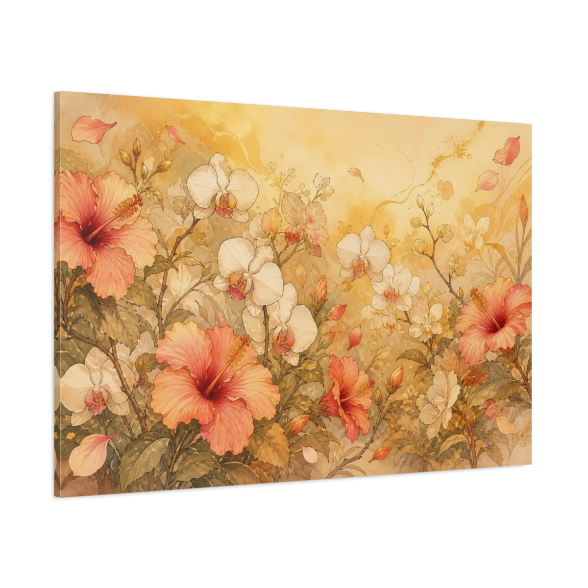 Side Mockup 1. Floral Hibiscus Orchids Pink Gold Floral shown as stretched canvas wall art