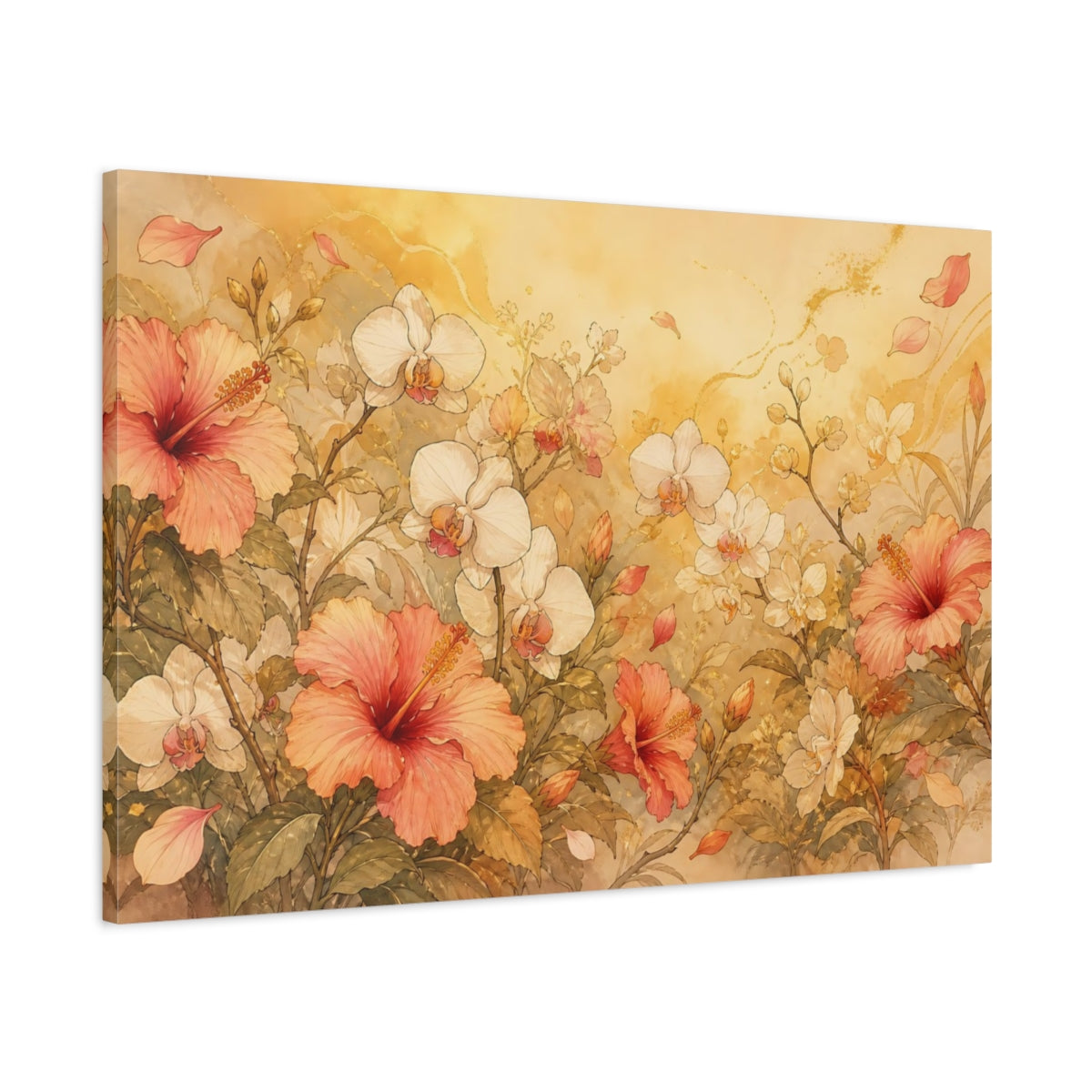 Main Mockup. Floral Hibiscus Orchids Pink Gold Floral shown as stretched canvas wall art