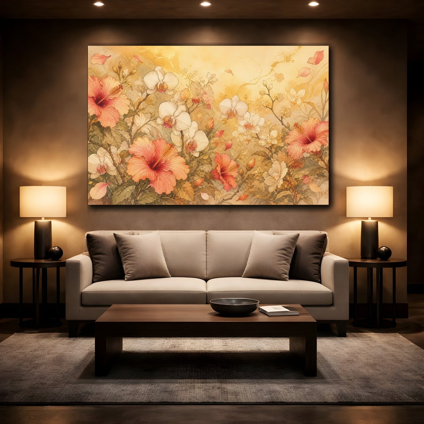 Mockup 2. Floral Hibiscus Orchids Pink Gold Floral shown as stretched canvas wall art