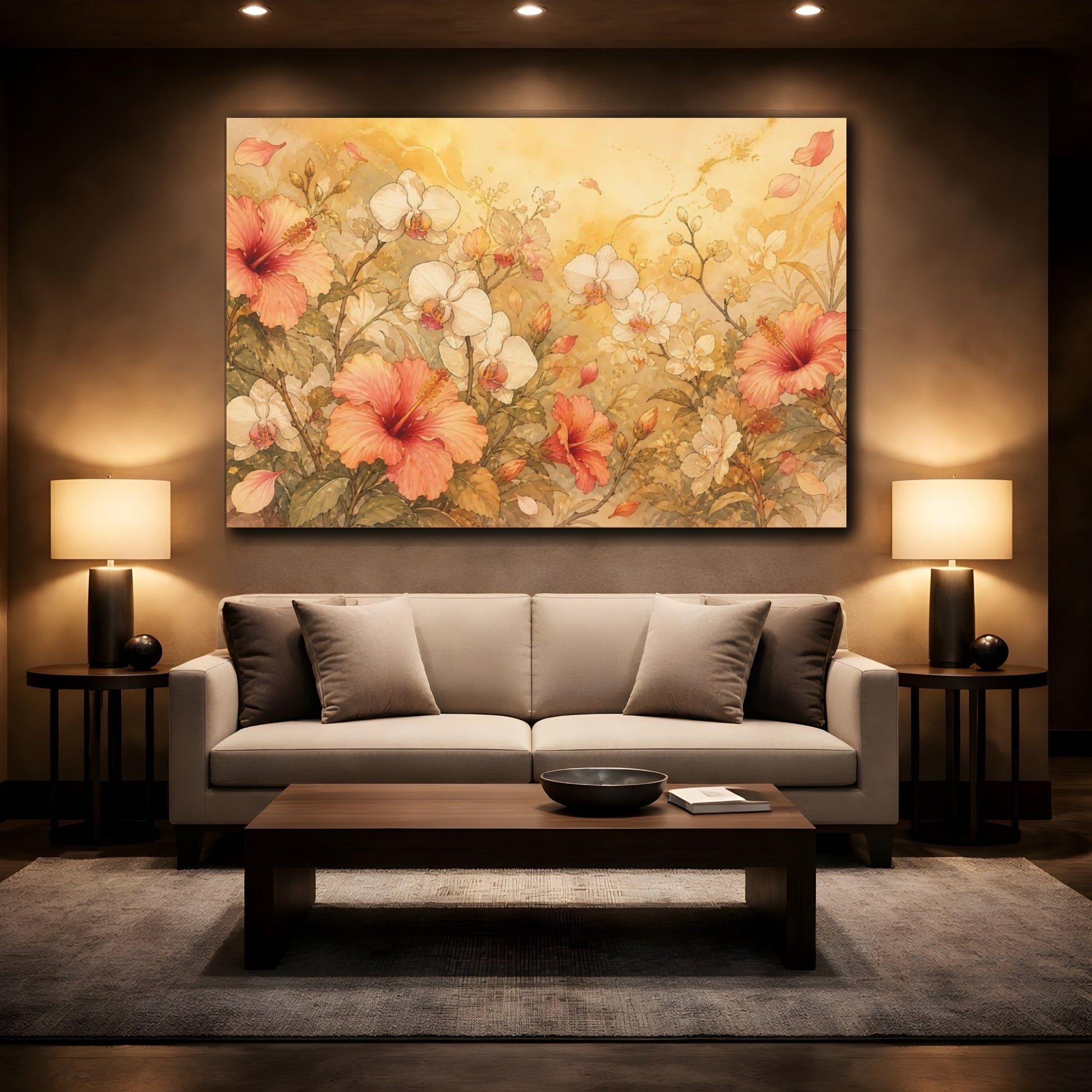 Mockup 2. Floral Hibiscus Orchids Pink Gold Floral shown as stretched canvas wall art