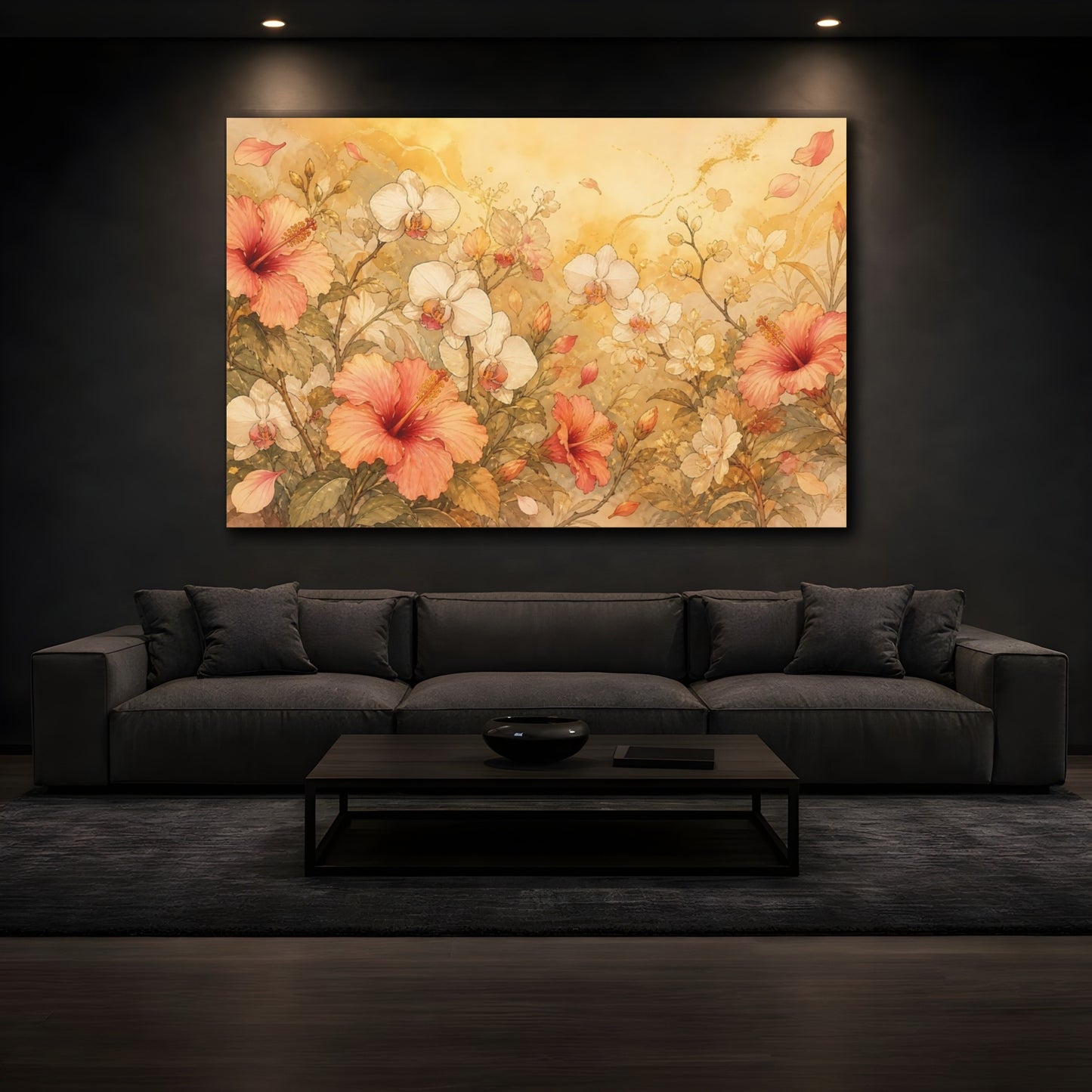 Mockup 3. Floral Hibiscus Orchids Pink Gold Floral shown as stretched canvas wall art