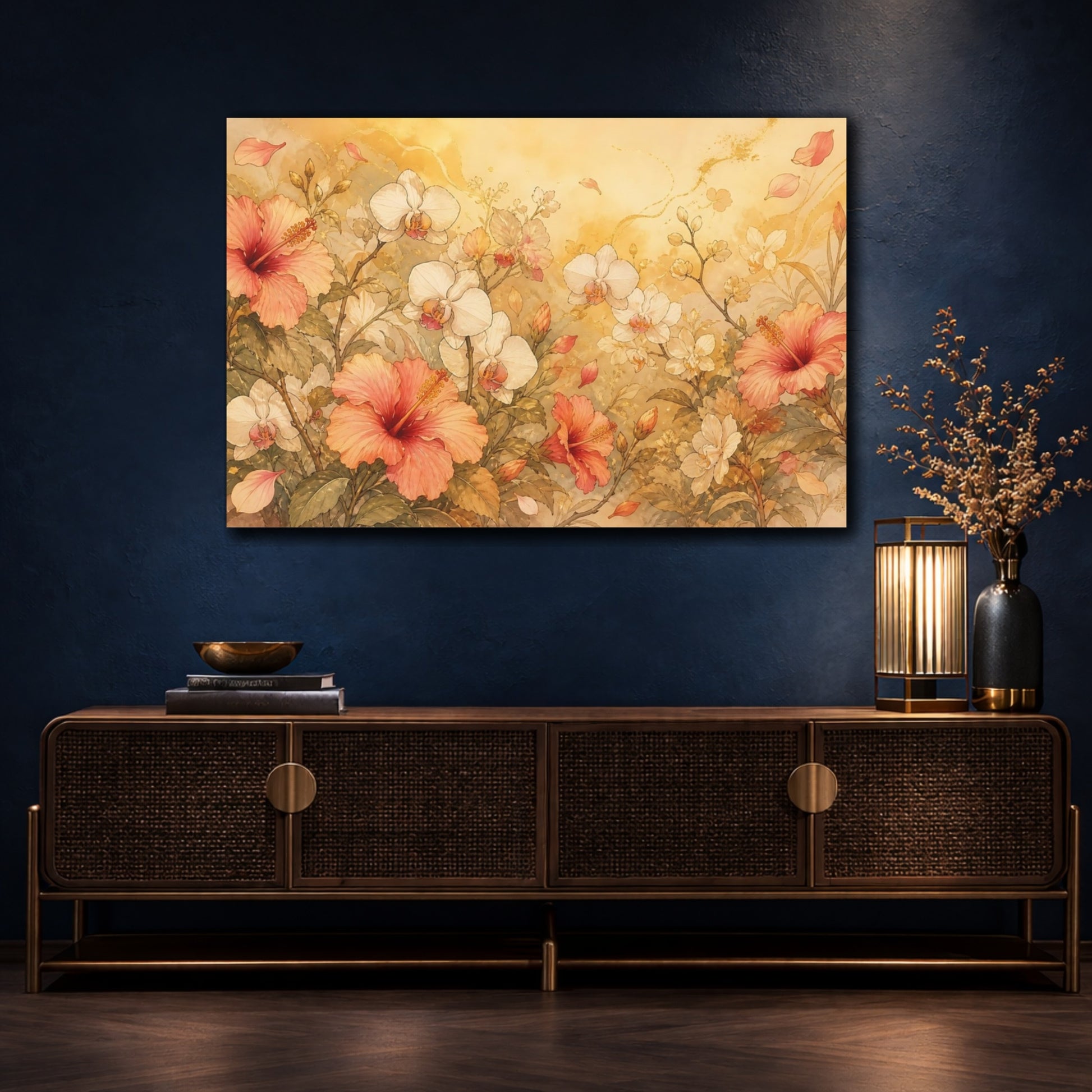 Mockup 4. Floral Hibiscus Orchids Pink Gold Floral shown as stretched canvas wall art