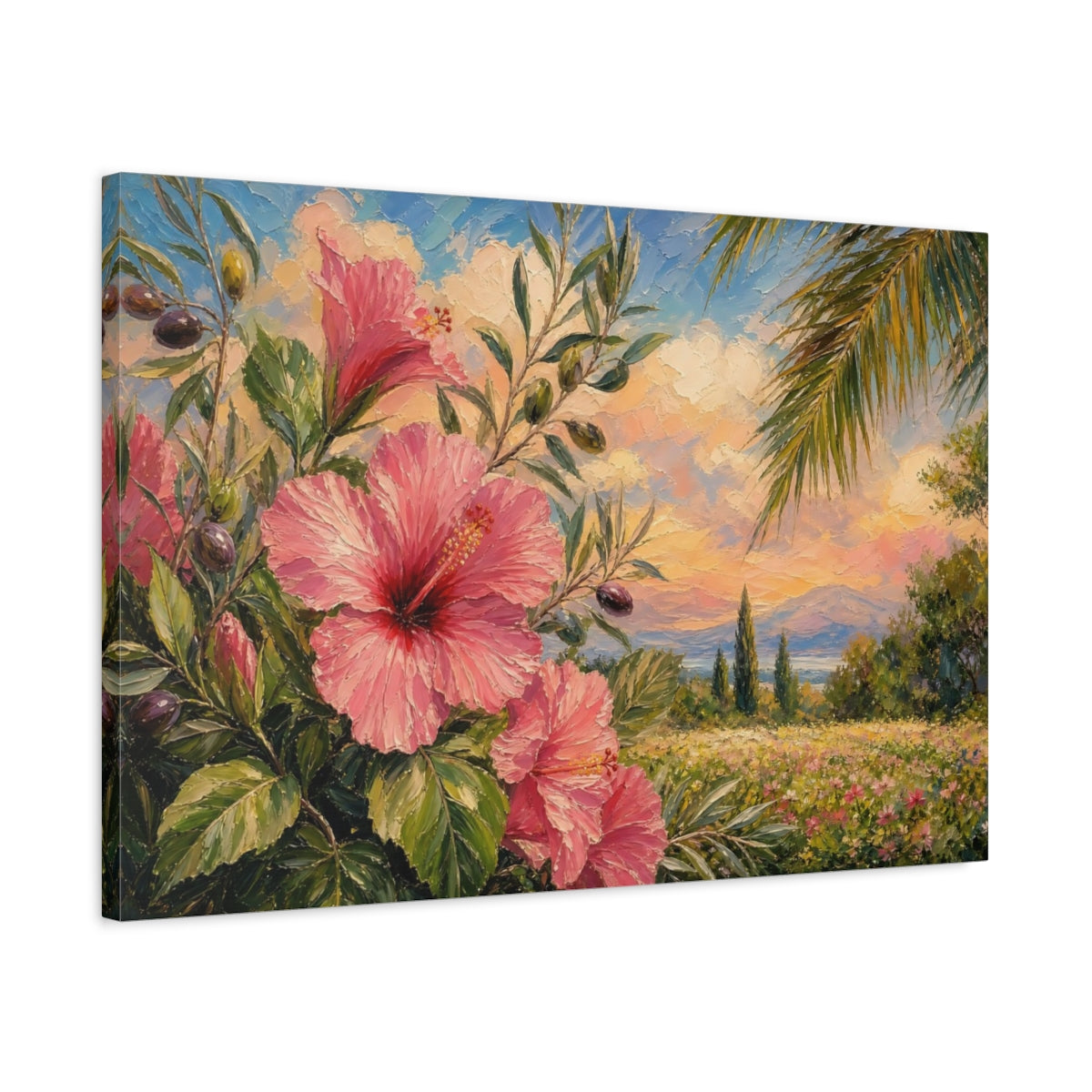 Side Mockup 2. Floral Hibiscus Pink Floral shown as stretched canvas wall art