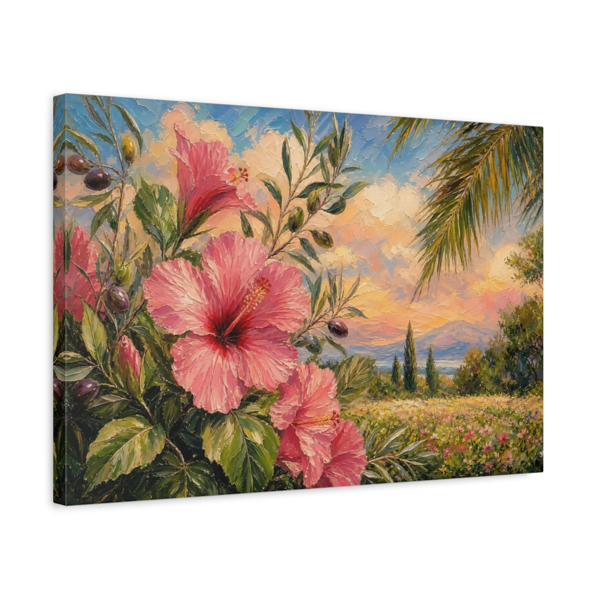 Side Mockup 3. Floral Hibiscus Pink Floral shown as stretched canvas wall art