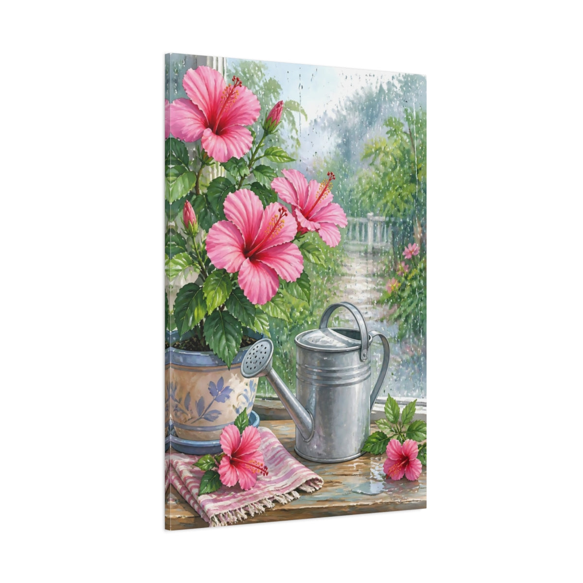 Side Mockup 1. Floral Hibiscus Pink Hibiscus Floral shown as stretched canvas wall art