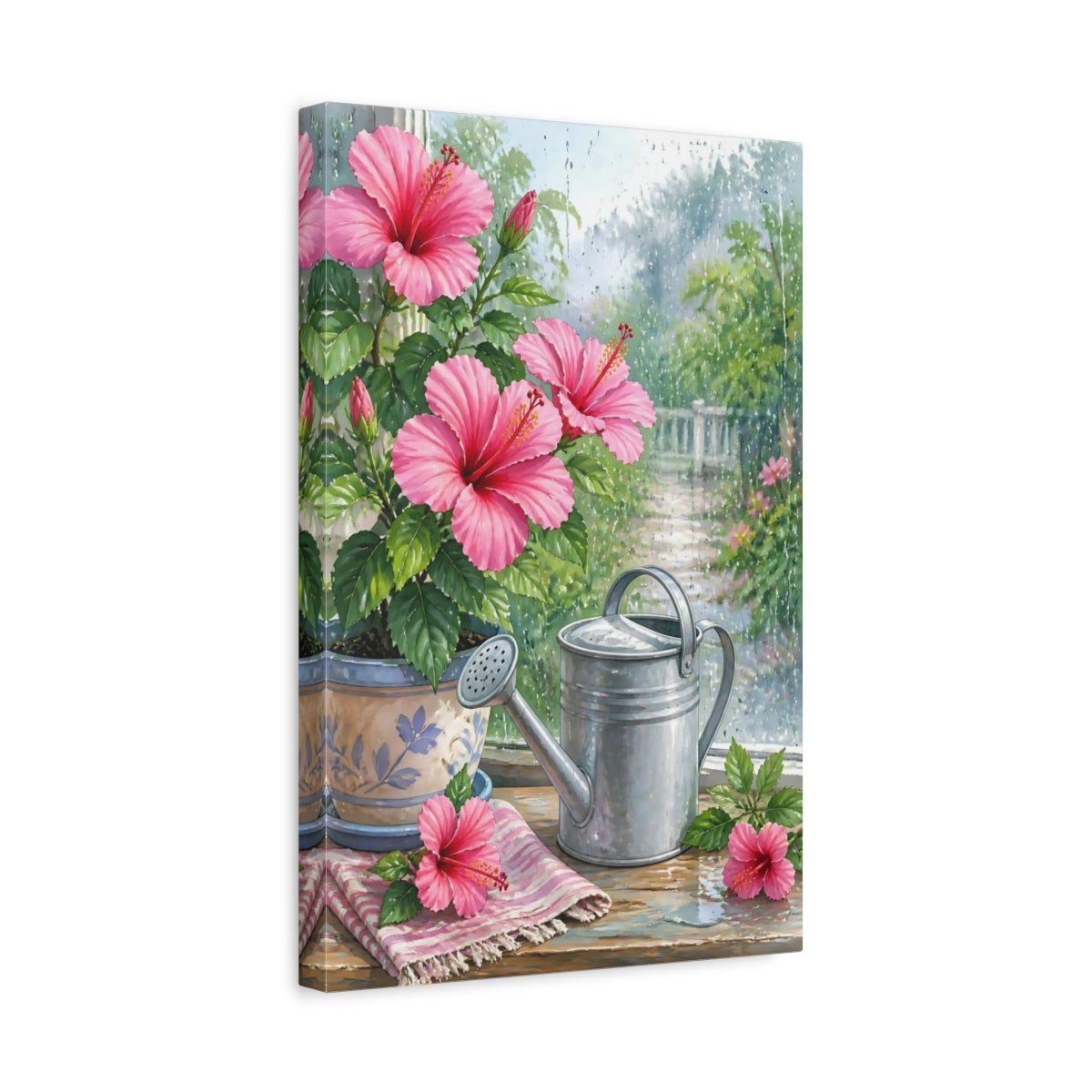 Side Mockup 4. Floral Hibiscus Pink Hibiscus Floral shown as stretched canvas wall art