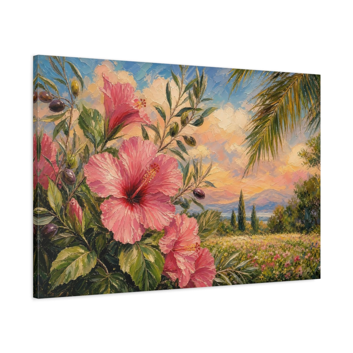 Main Mockup. Floral Hibiscus Pink Floral shown as stretched canvas wall art