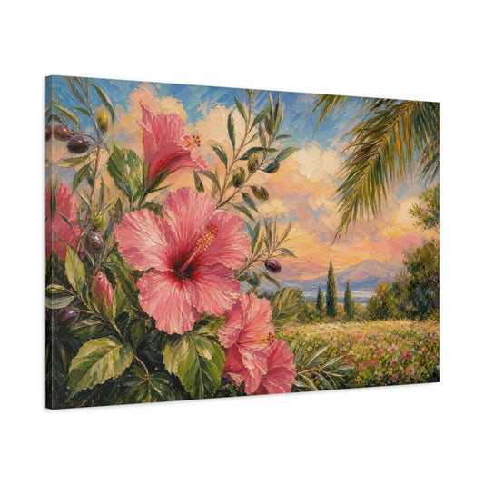 Main Mockup. Floral Hibiscus Pink Floral shown as stretched canvas wall art