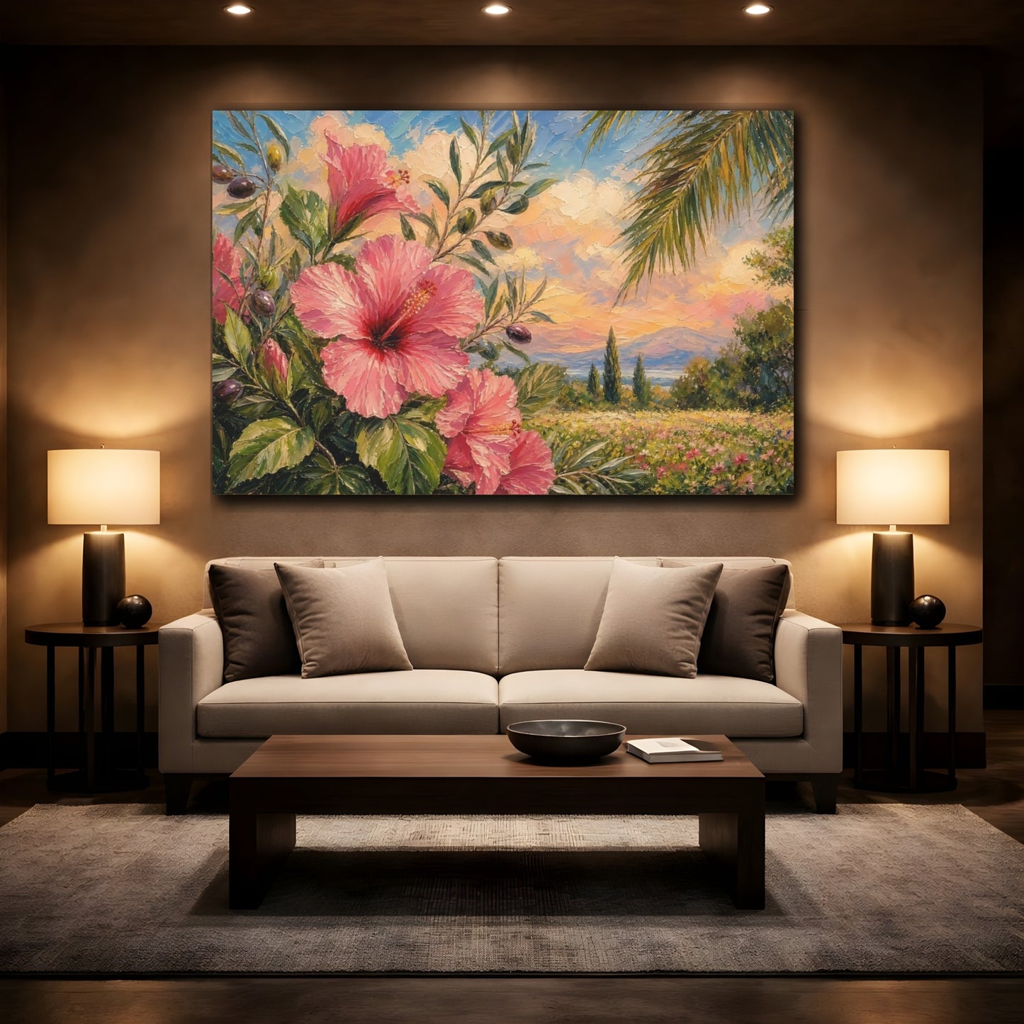 Mockup 2. Floral Hibiscus Pink Floral shown as stretched canvas wall art