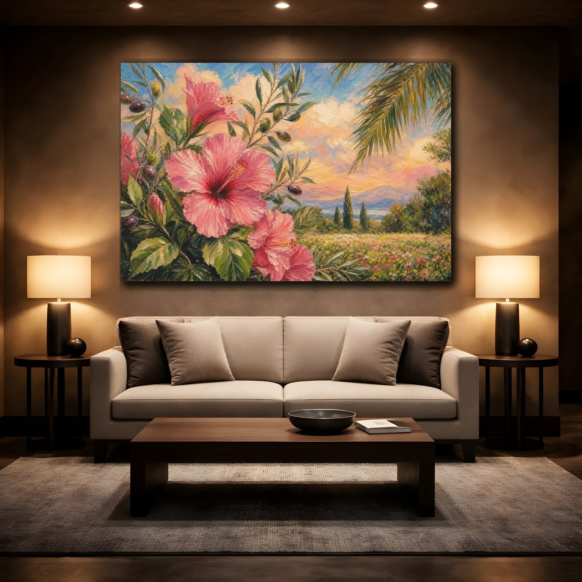 Mockup 2. Floral Hibiscus Pink Floral shown as stretched canvas wall art