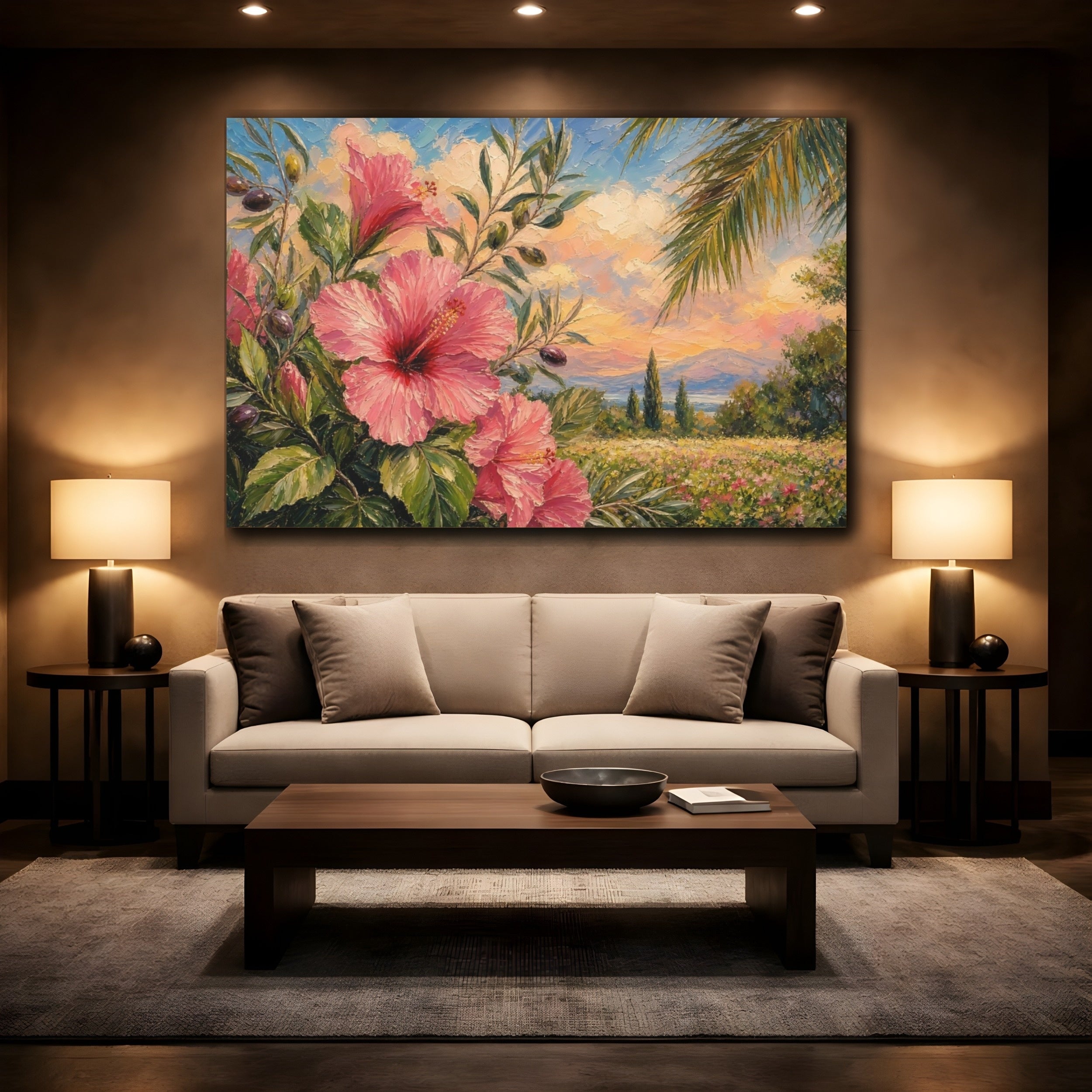 Mockup 2. Floral Hibiscus Pink Floral shown as stretched canvas wall art