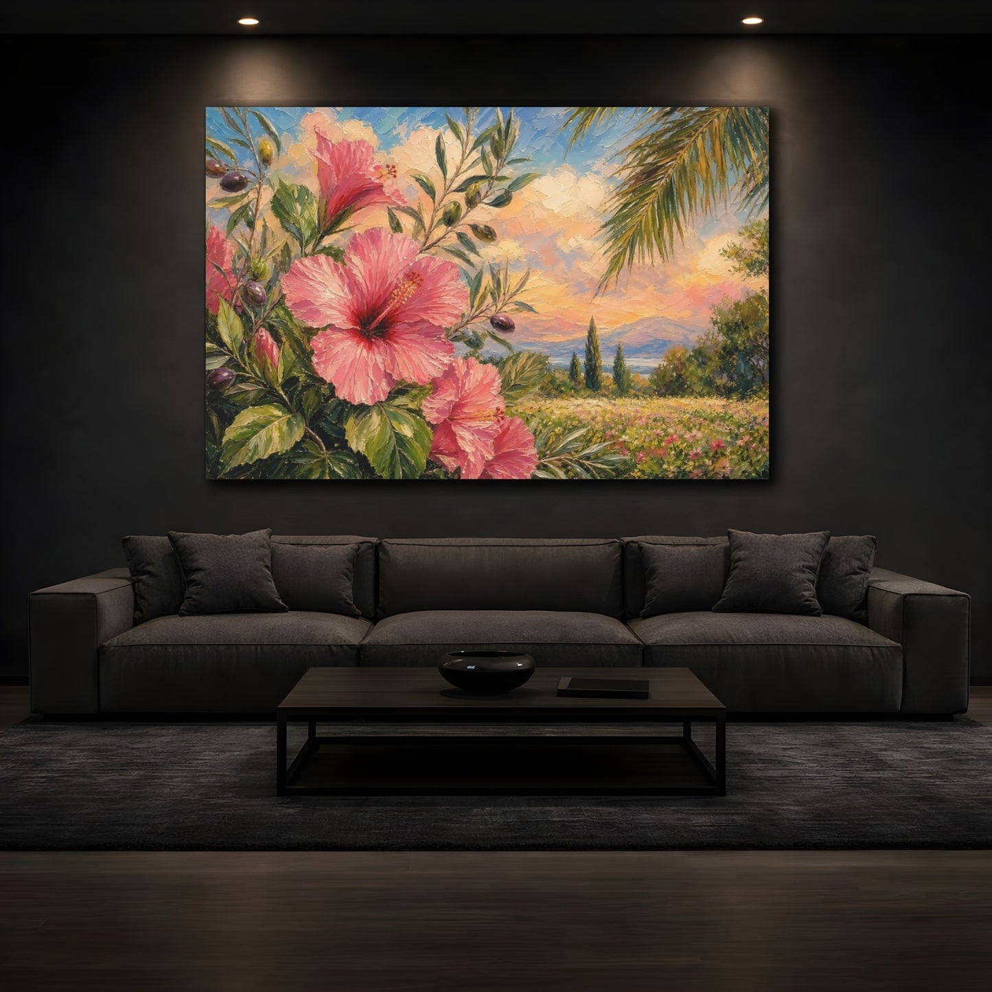 Mockup 3. Floral Hibiscus Pink Floral shown as stretched canvas wall art