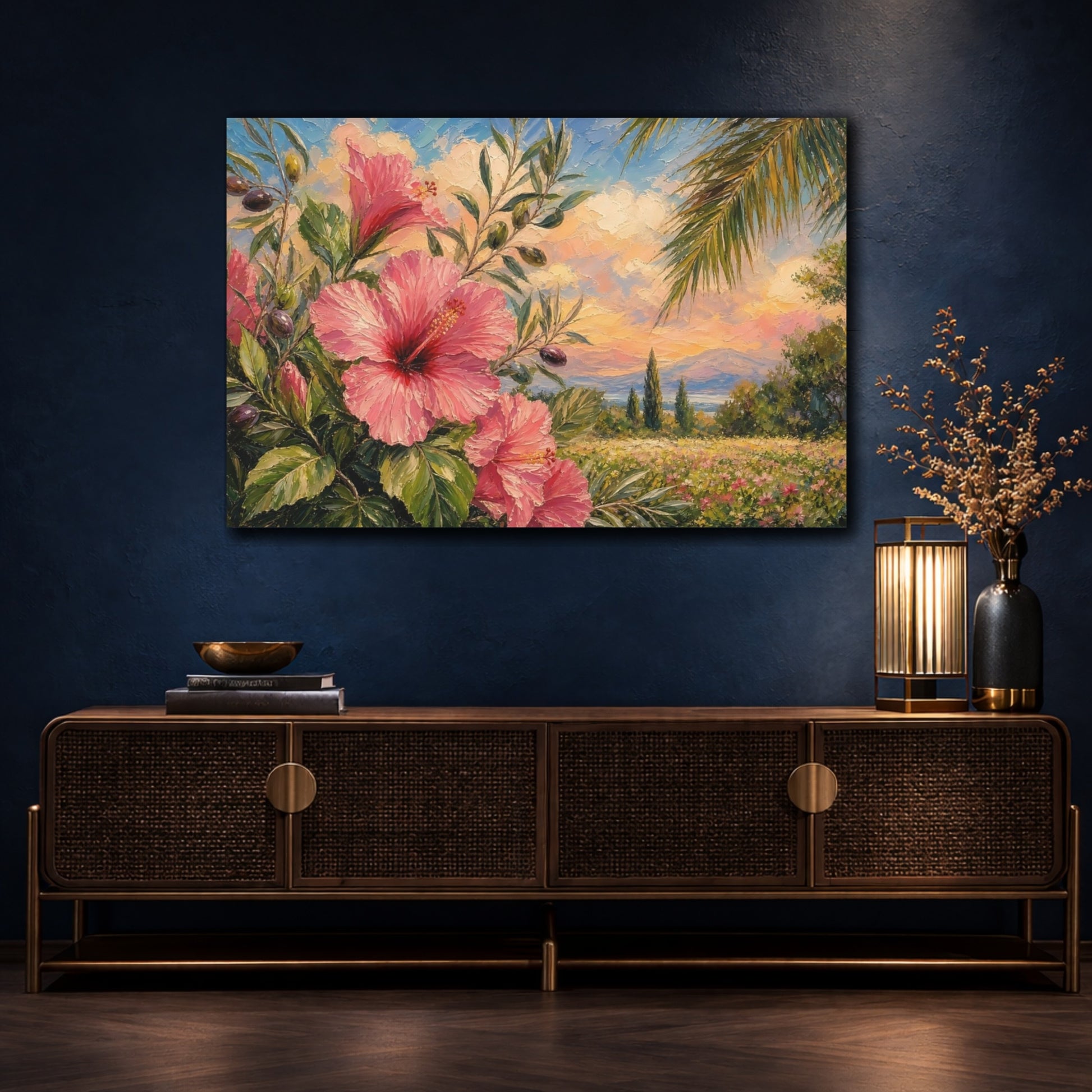 Mockup 4. Floral Hibiscus Pink Floral shown as stretched canvas wall art