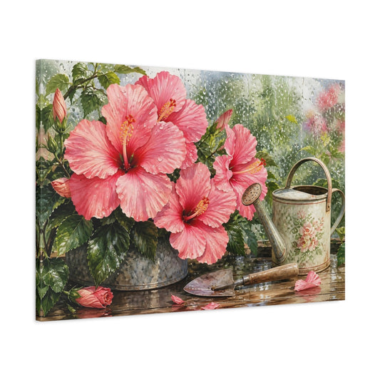 Main Mockup. Floral Hibiscus Pink Hibiscus shown as stretched canvas wall art