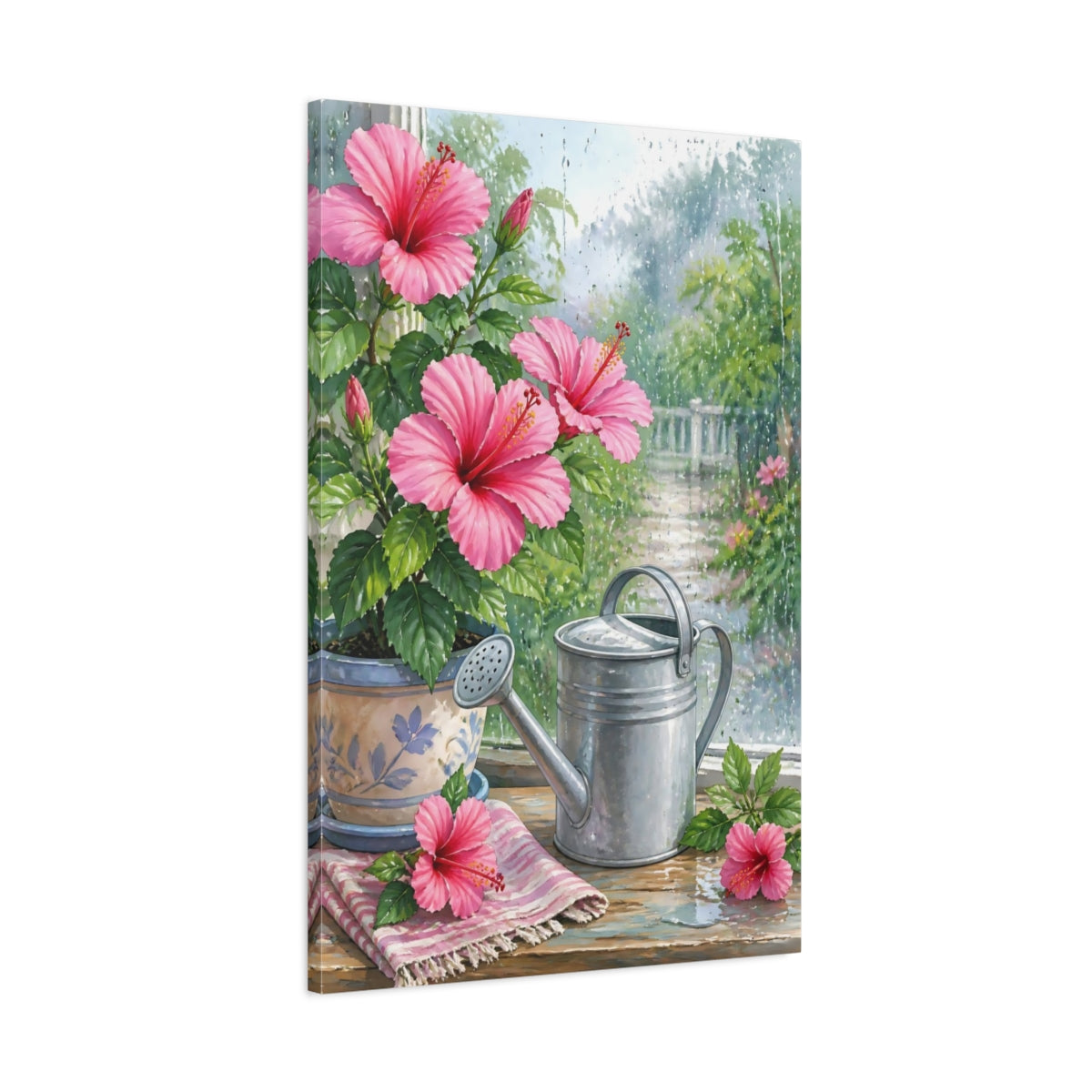 Main Mockup. Floral Hibiscus Pink Hibiscus Floral shown as stretched canvas wall art