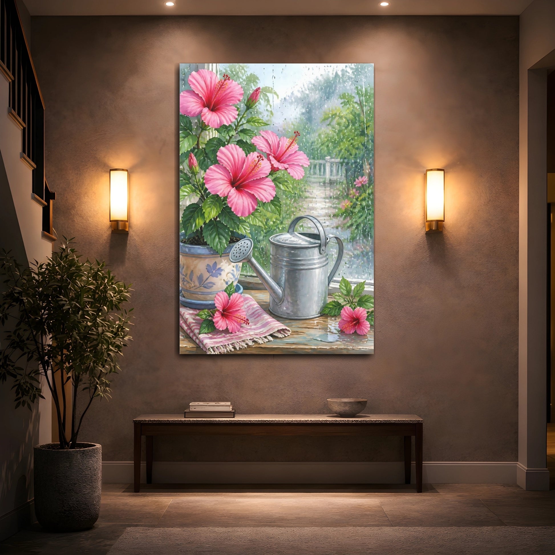 Mockup 2. Floral Hibiscus Pink Hibiscus Floral shown as stretched canvas wall art