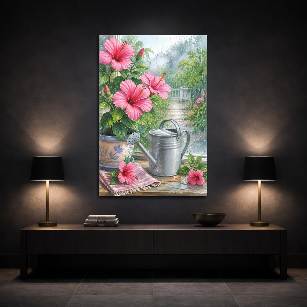 Mockup 3. Floral Hibiscus Pink Hibiscus Floral shown as stretched canvas wall art