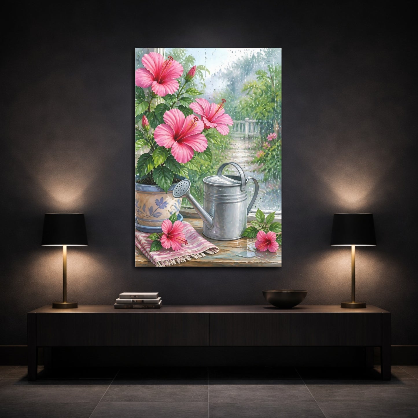 Mockup 3. Floral Hibiscus Pink Hibiscus Floral shown as stretched canvas wall art