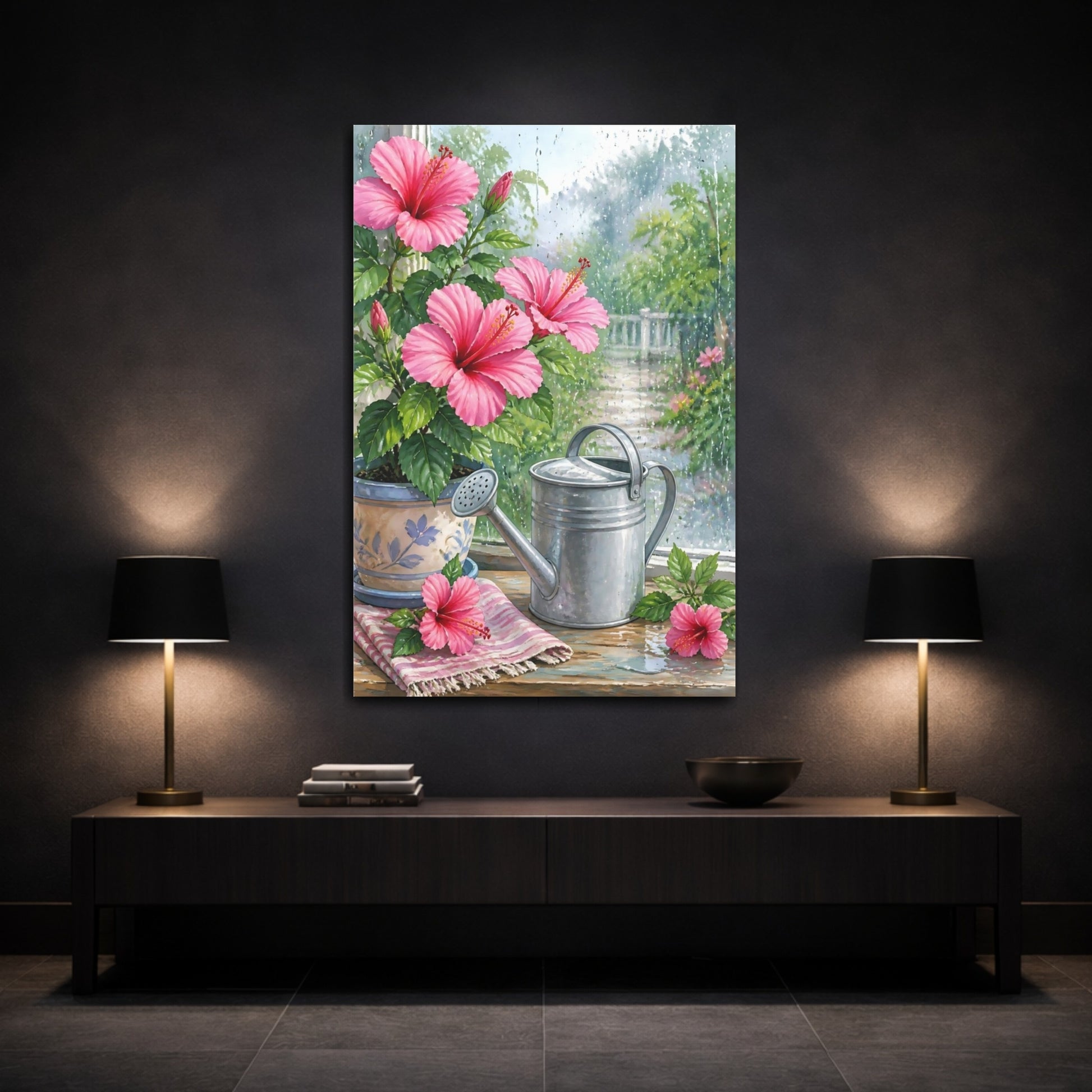 Mockup 3. Floral Hibiscus Pink Hibiscus Floral shown as stretched canvas wall art