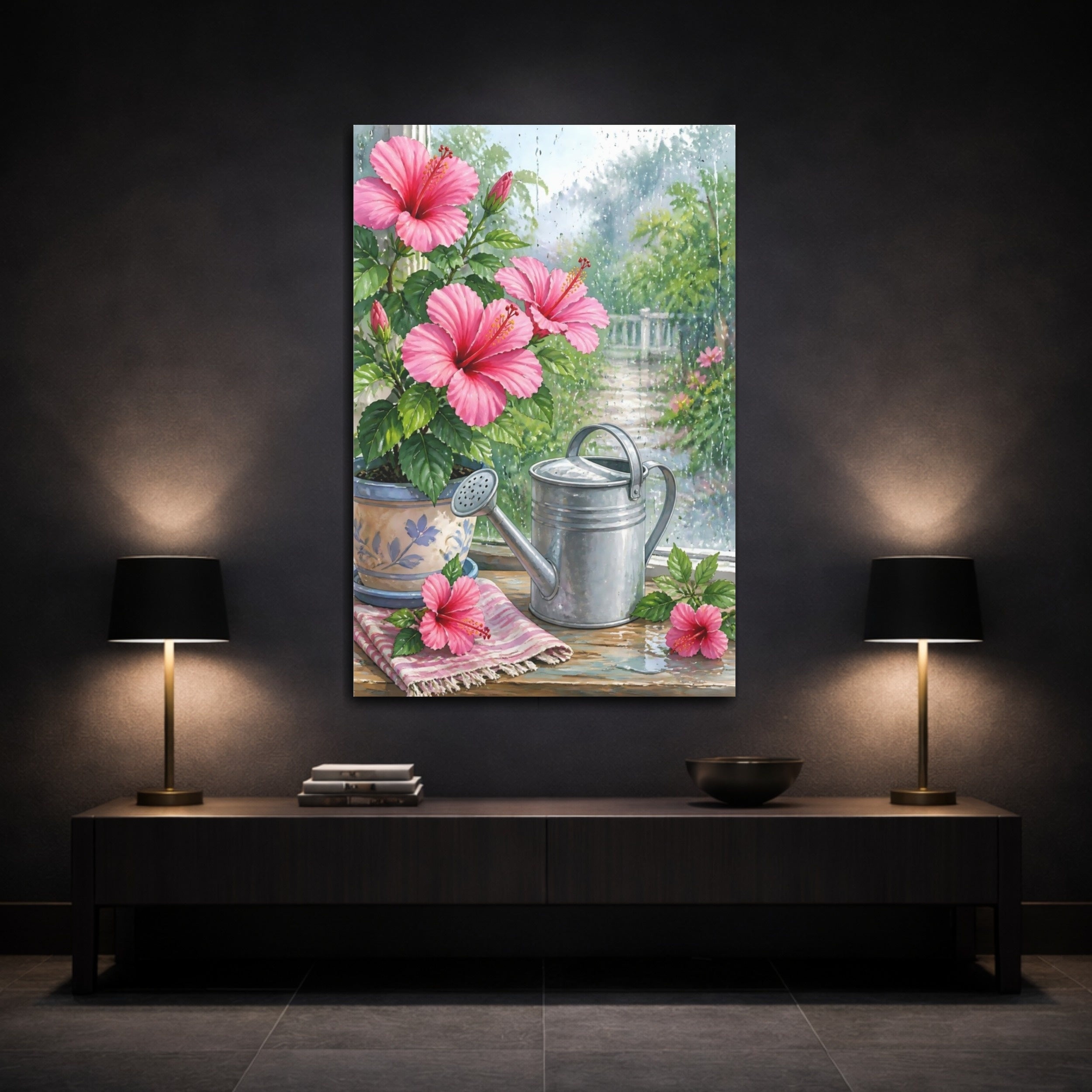 Mockup 3. Floral Hibiscus Pink Hibiscus Floral shown as stretched canvas wall art