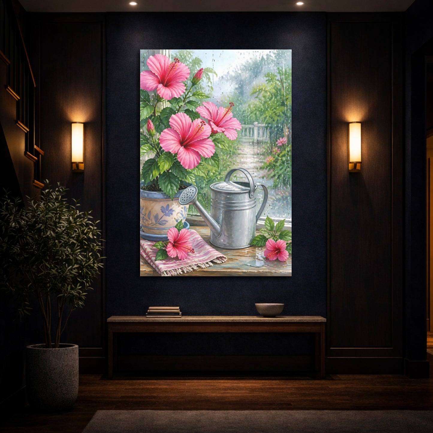 Mockup 4. Floral Hibiscus Pink Hibiscus Floral shown as stretched canvas wall art