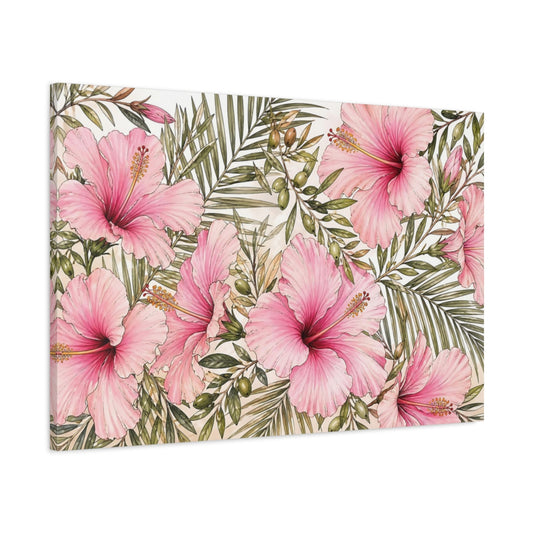 Main Mockup. Floral Hibiscus Pink Tropical Floral shown as stretched canvas wall art