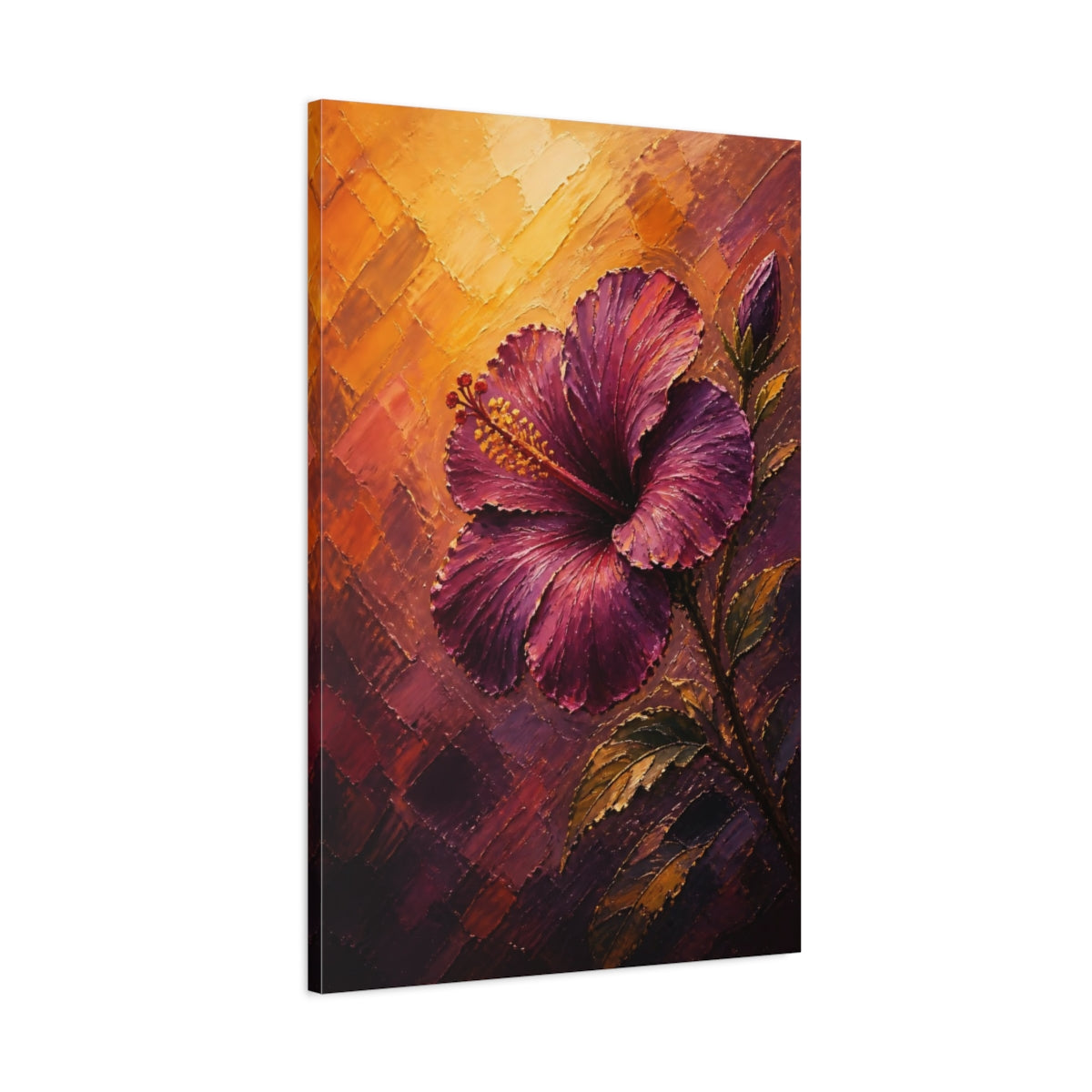 Main Mockup. Floral Hibiscus Purple And Orange shown as stretched canvas wall art