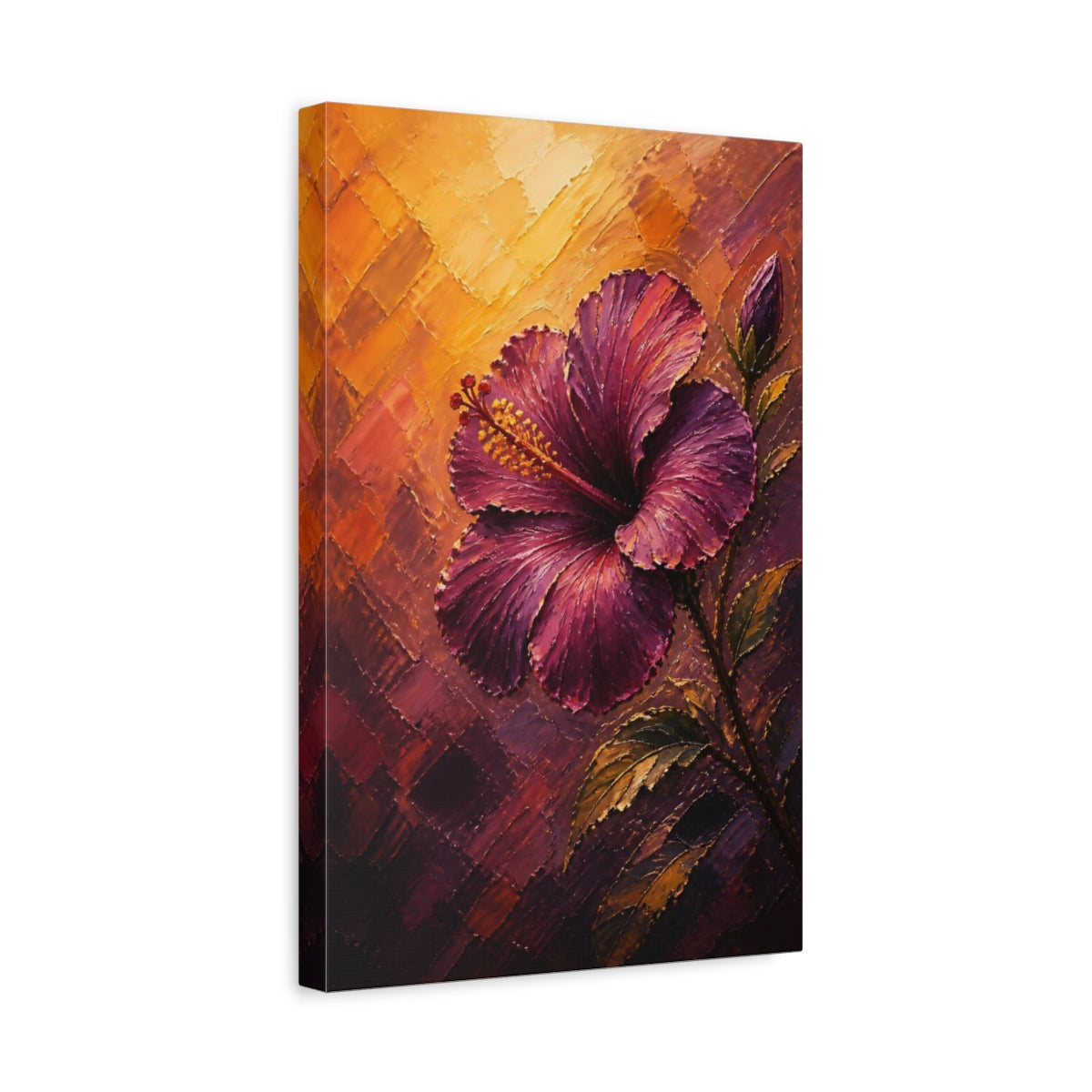 Side Mockup 4. Floral Hibiscus Purple And Orange shown as stretched canvas wall art