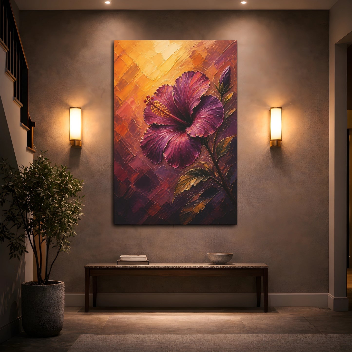 Mockup 2. Floral Hibiscus Purple And Orange shown as stretched canvas wall art