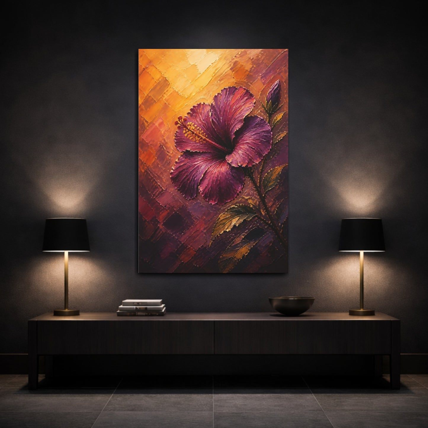 Mockup 3. Floral Hibiscus Purple And Orange shown as stretched canvas wall art