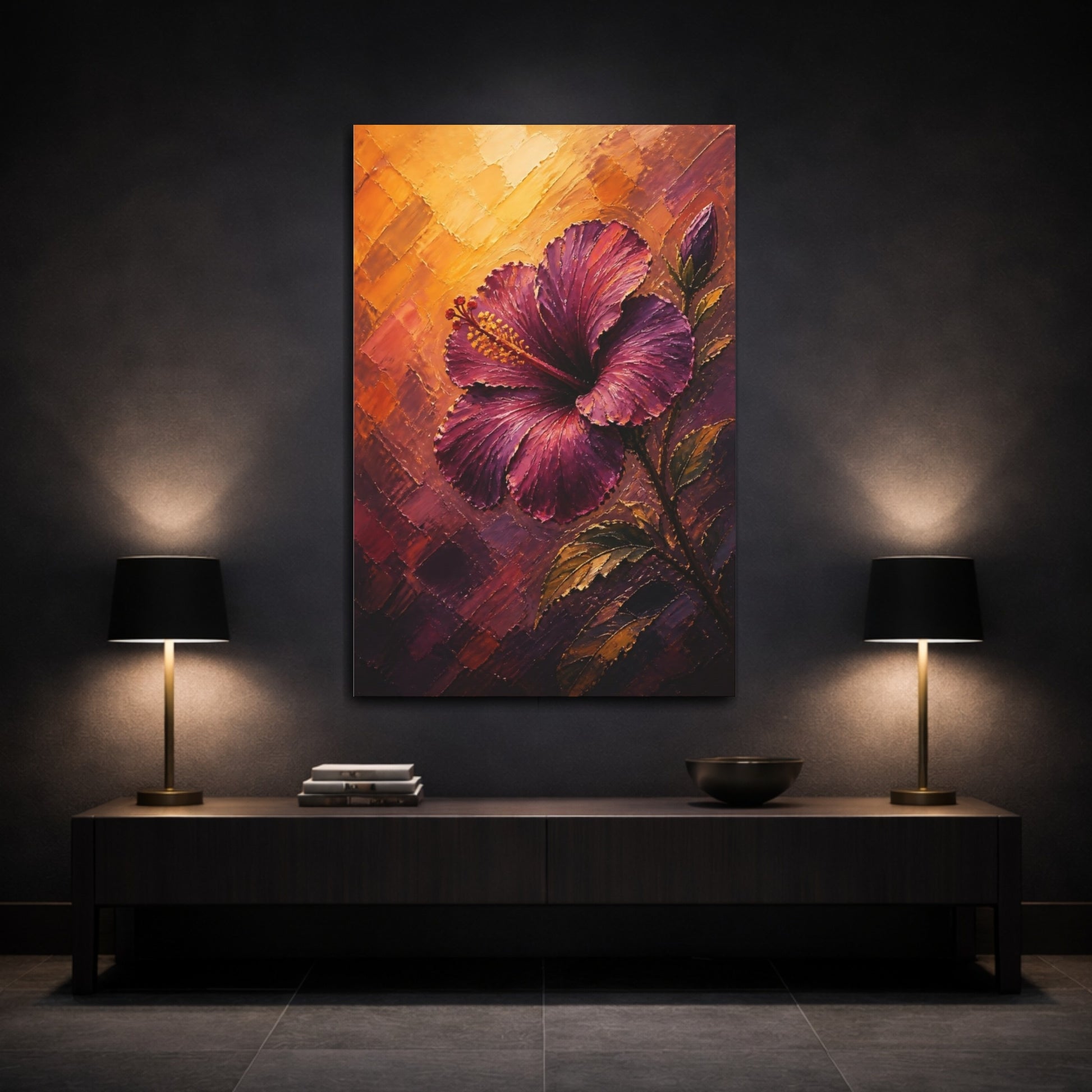 Mockup 3. Floral Hibiscus Purple And Orange shown as stretched canvas wall art