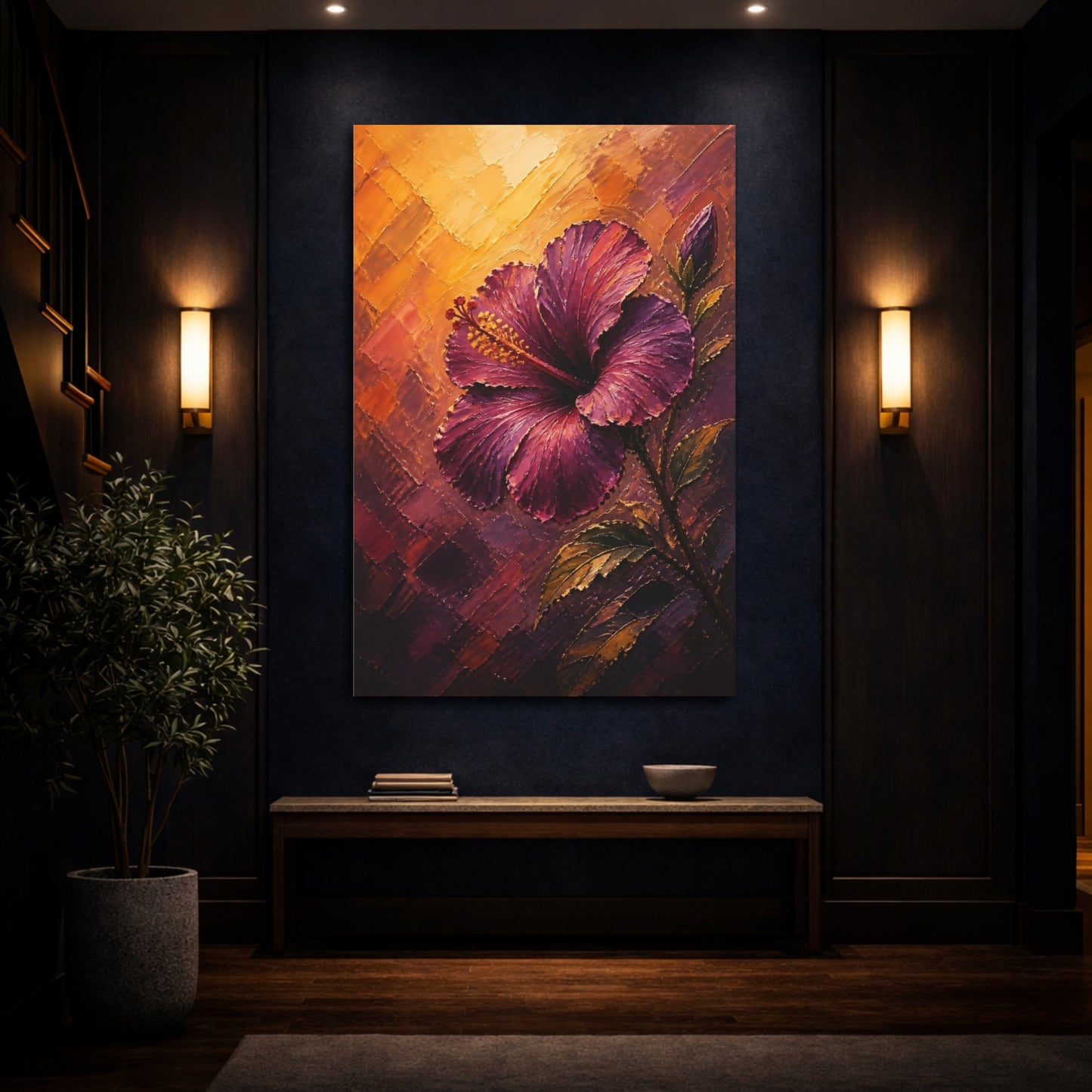 Mockup 4. Floral Hibiscus Purple And Orange shown as stretched canvas wall art