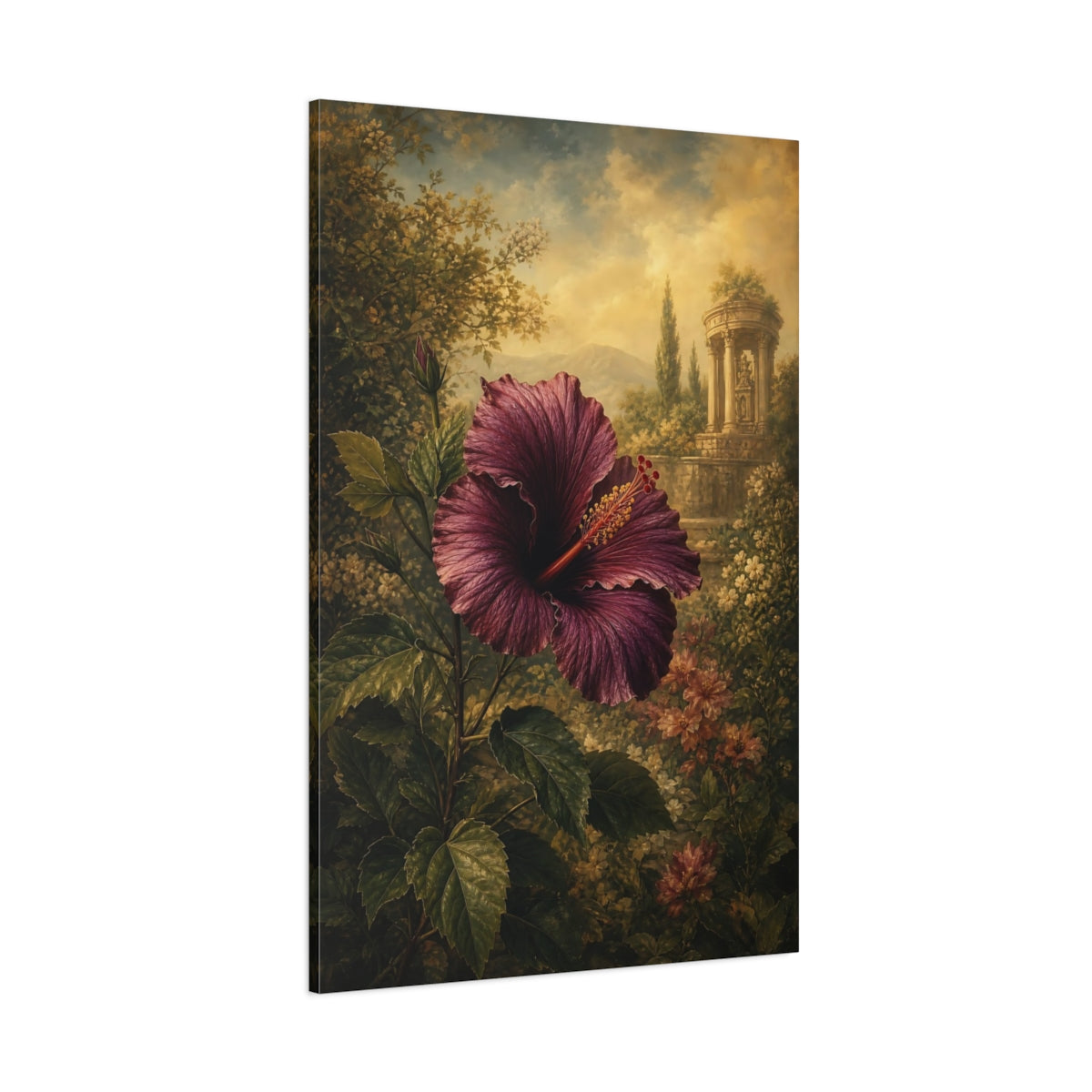 Side Mockup 1. Floral Hibiscus Purple Hibiscus shown as stretched canvas wall art