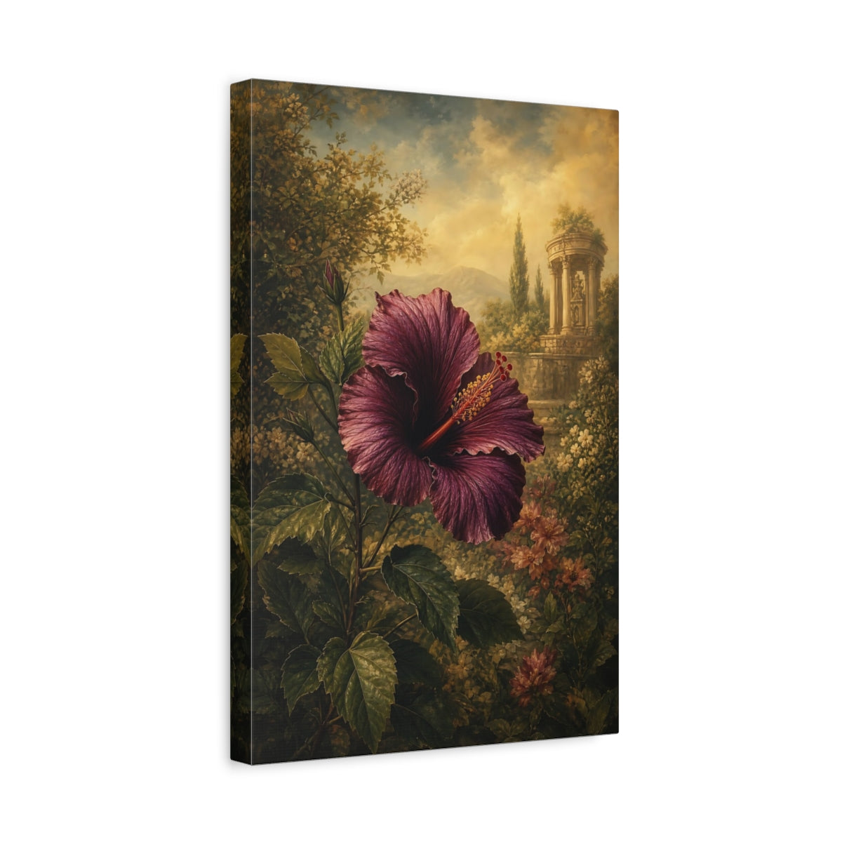 Side Mockup 4. Floral Hibiscus Purple Hibiscus shown as stretched canvas wall art