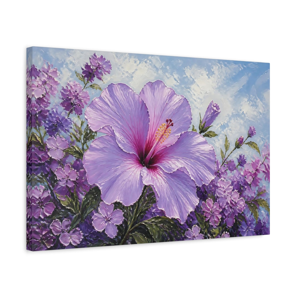 Side Mockup 3. Floral Hibiscus Purple Hibiscus shown as stretched canvas wall art