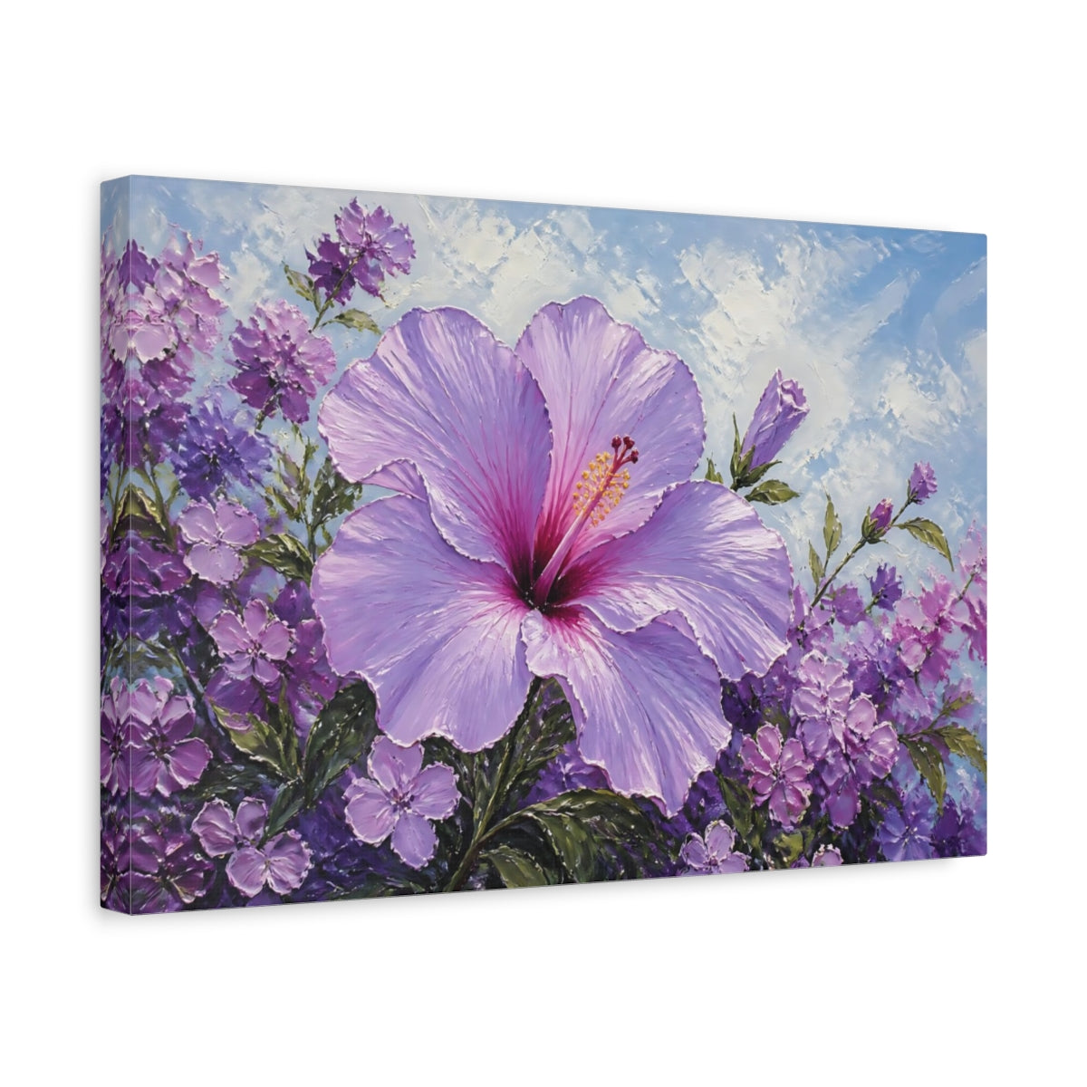 Side Mockup 4. Floral Hibiscus Purple Hibiscus shown as stretched canvas wall art