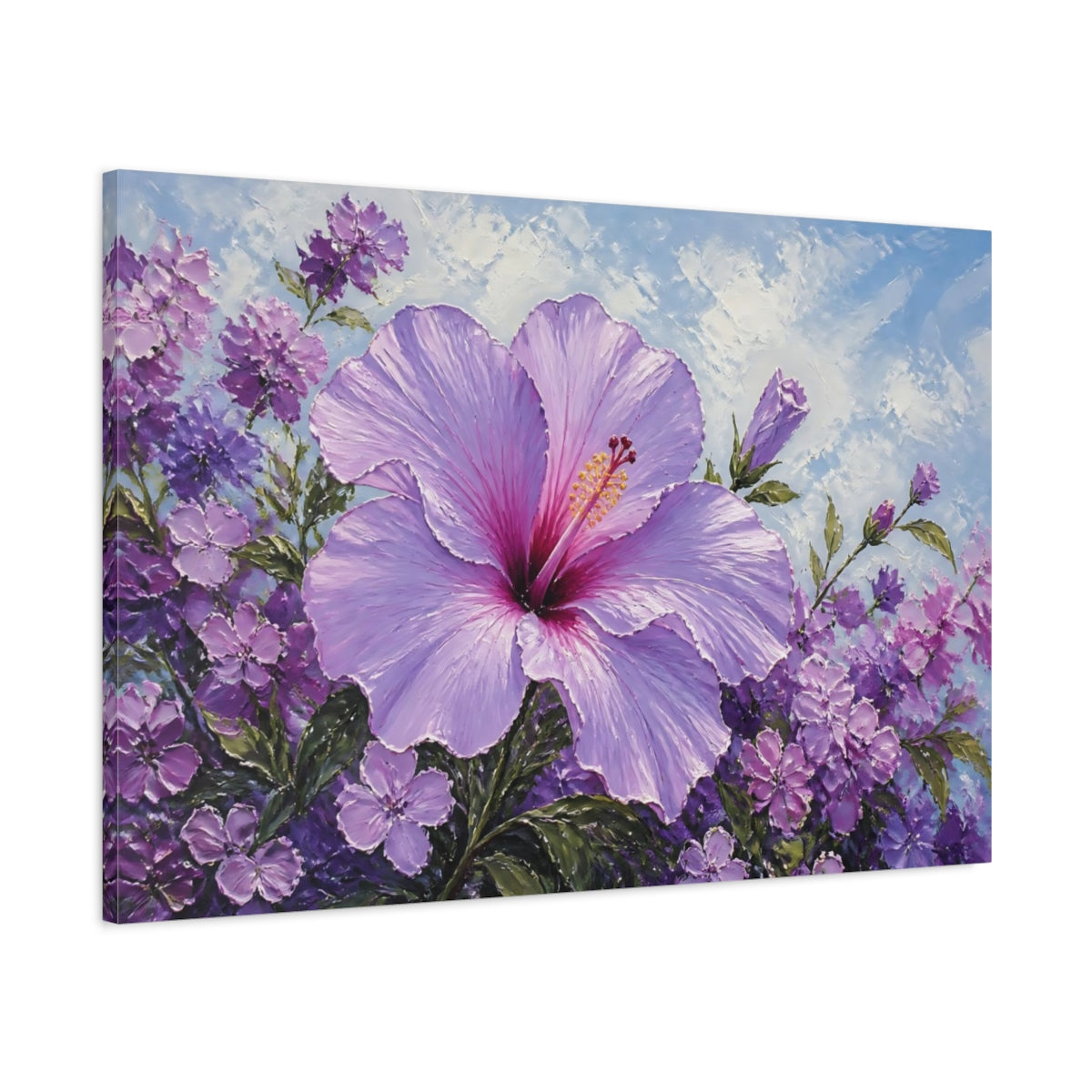 Main Mockup. Floral Hibiscus Purple Hibiscus shown as stretched canvas wall art